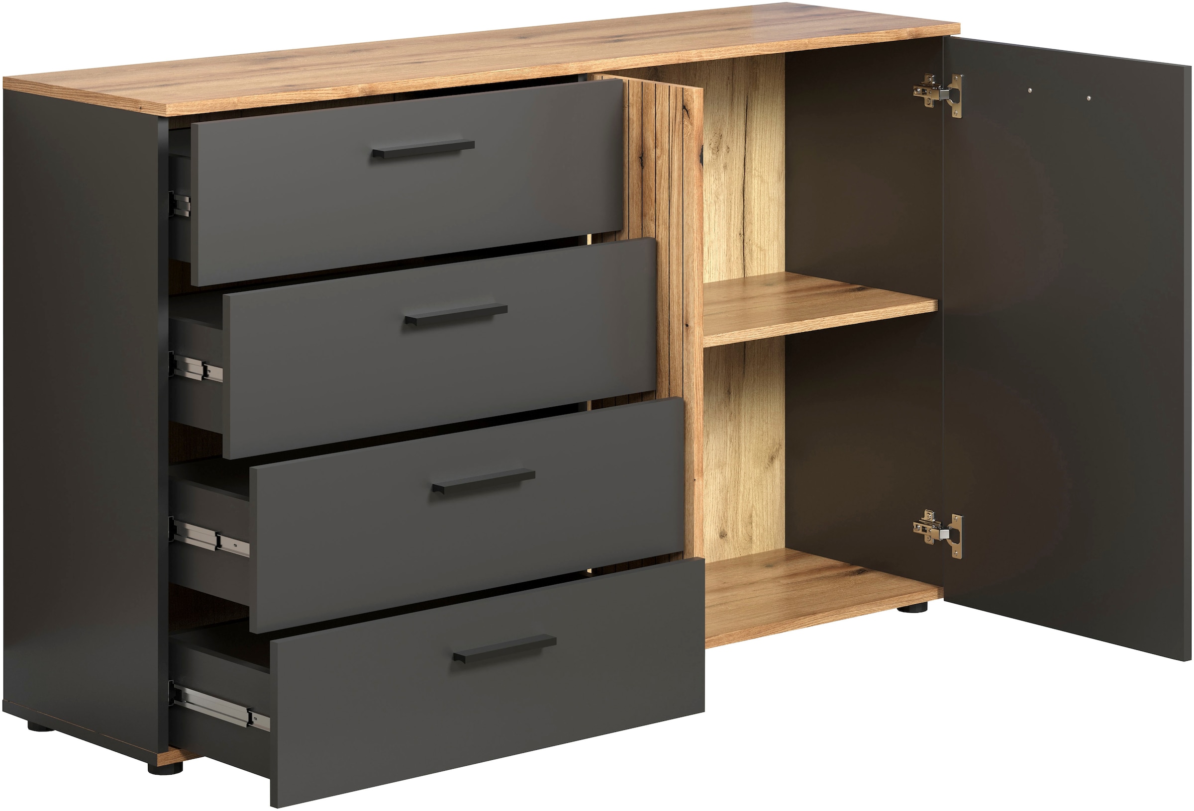 Home affaire Kommode »Estepona« 1 Stk. tlg. Schubladenschrank in Rillenoptik mit Vollauszug-Funktion