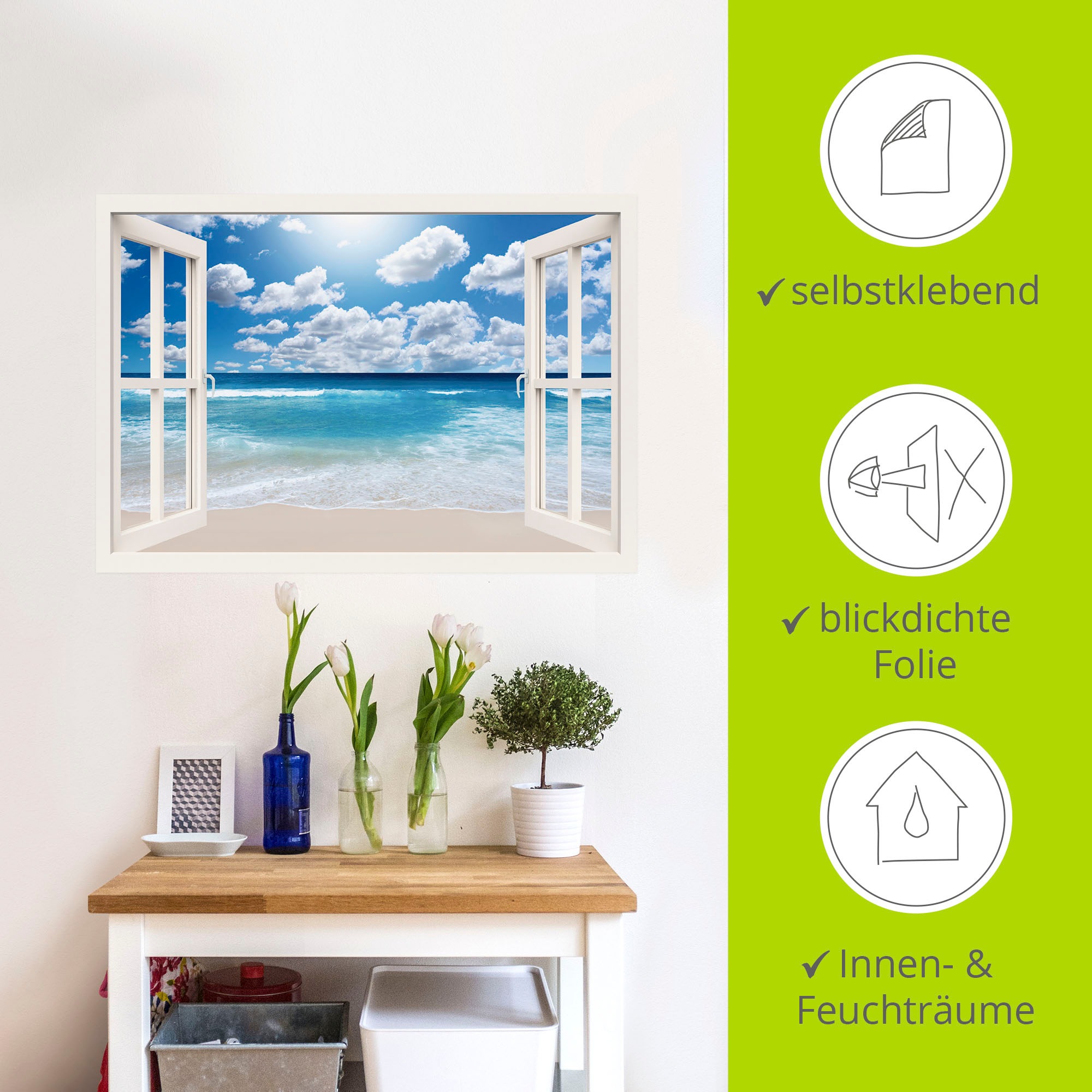 Artland Wandbild »Fensterblick Großartige Strandlandschaft«, Fensterblick, (1 St.), als Leinwandbild, Poster, Wandaufkleber in verschied. Größen