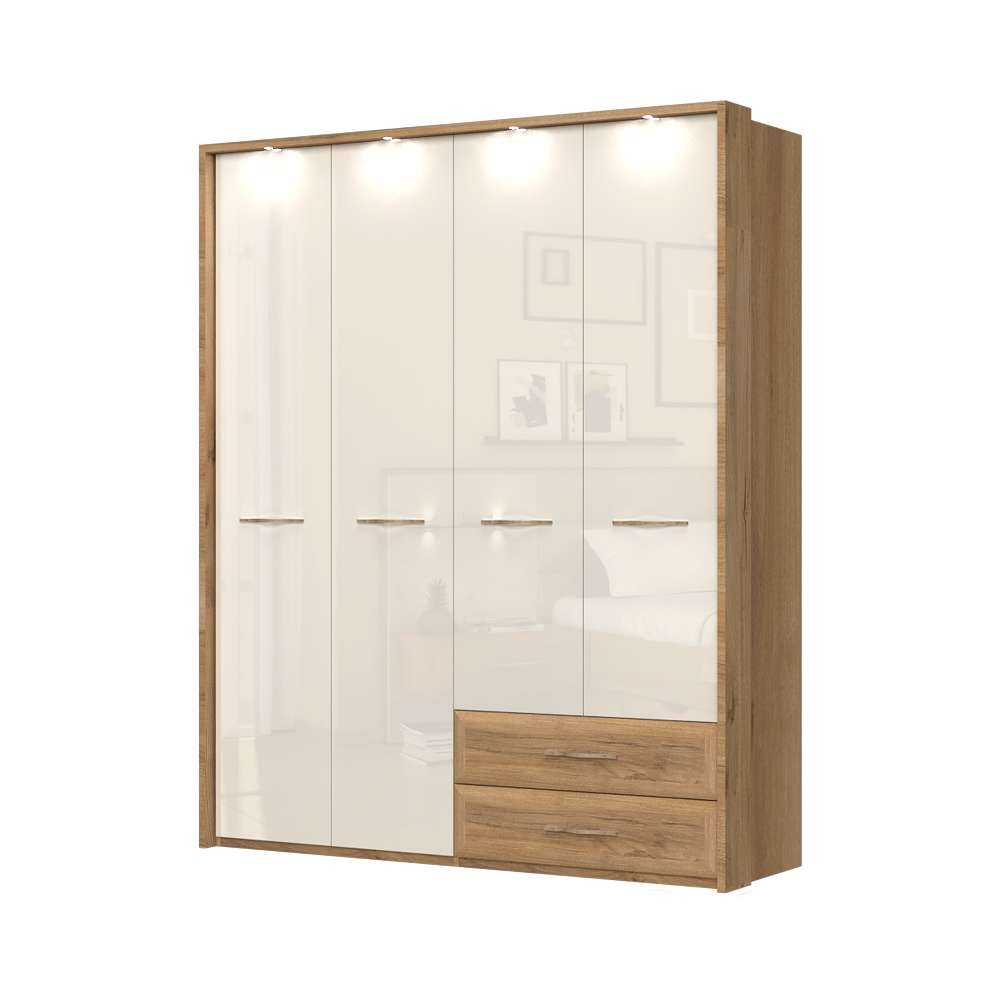 Home affaire Kleiderschrank »Gala, beige hochglänzend UV lackiert, kratzfest, FSC-zertifiziert«, (abgerundete Schubladen aus MDF im Holzdekor, soft-close), mit Beleuchtung und Passpartourahmen, hoher Schrank (224cm), 3 Breiten