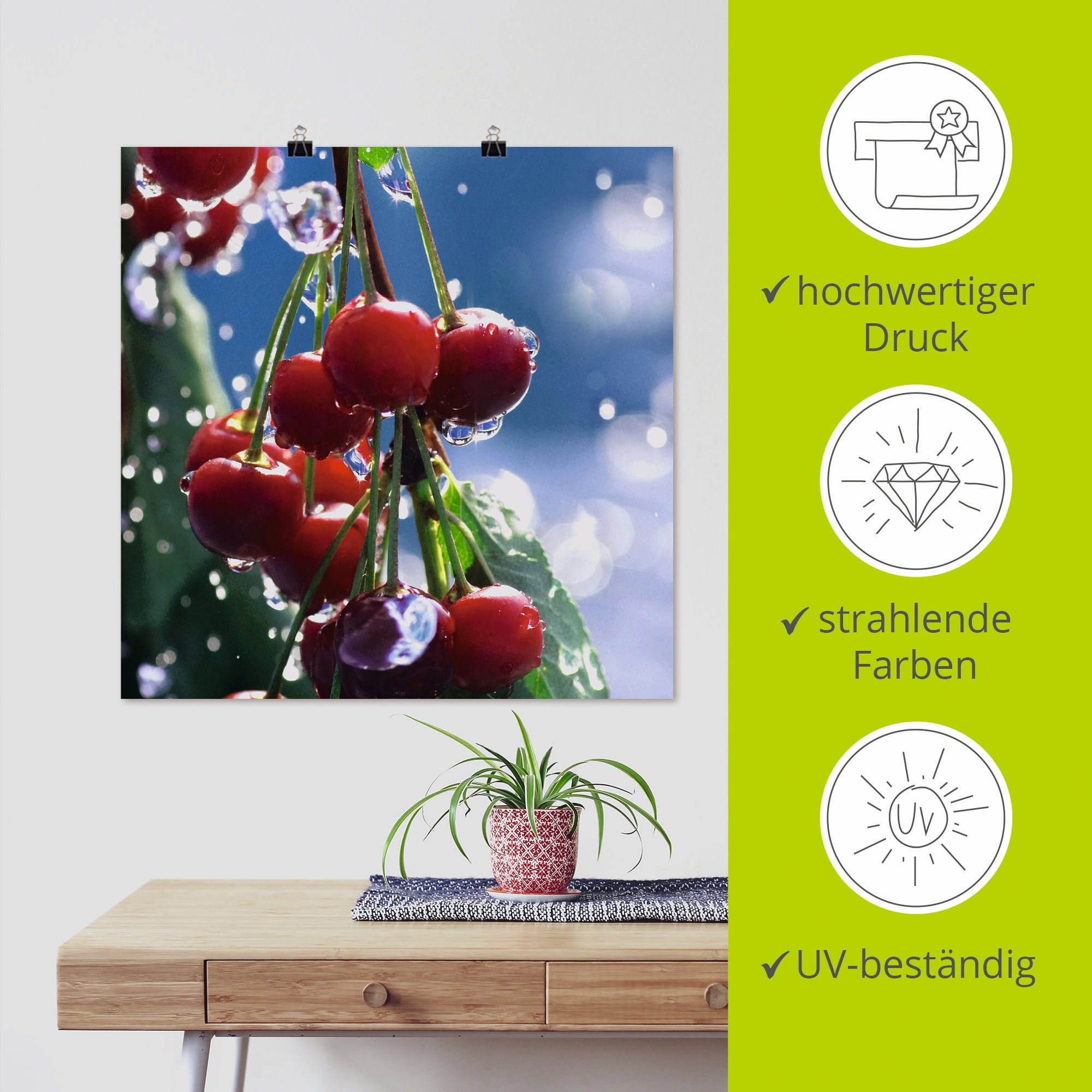 Artland Poster »Rote Kirschen im Sommerregen«, Lebensmittel, (1 St.), als Alubild, Leinwandbild, Wandaufkleber oder Poster in versch. Größen