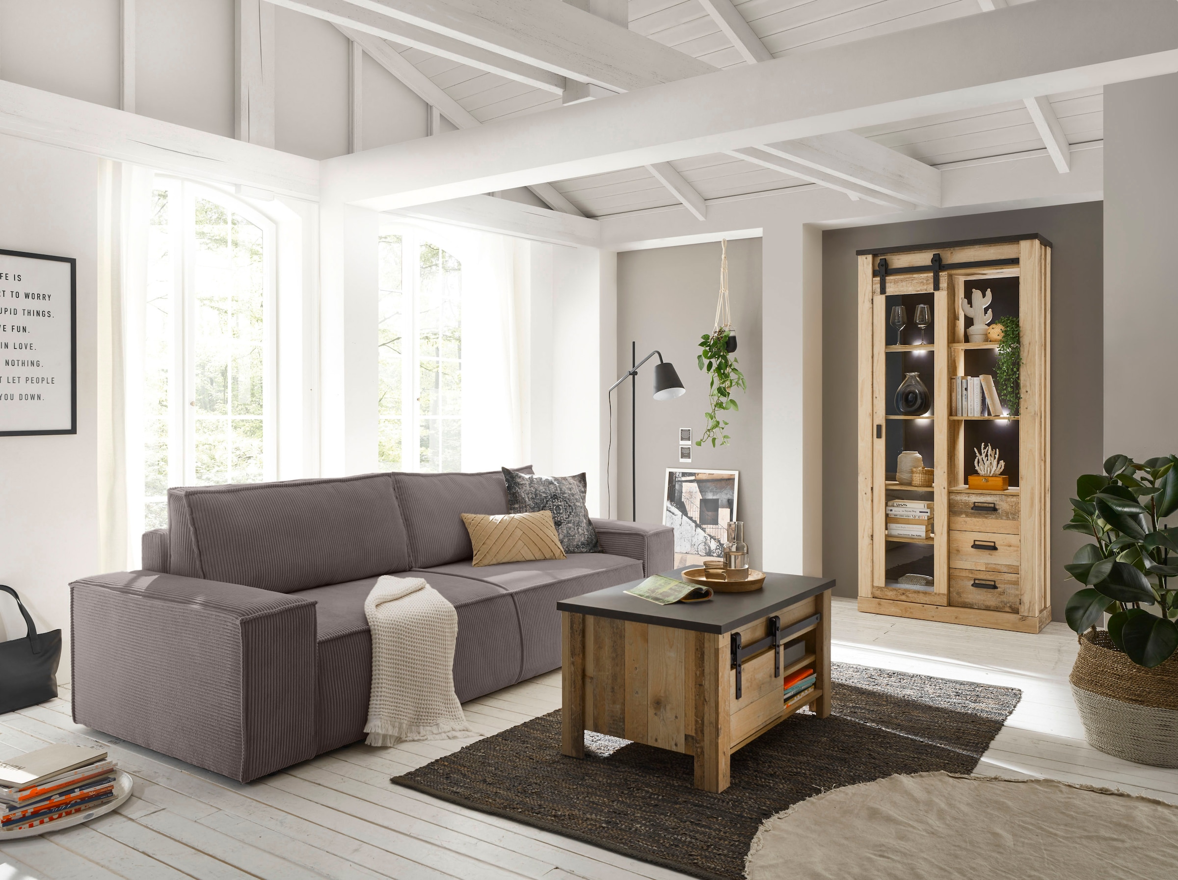 Home affaire 3-Sitzer »SHERWOOD Schlafsofa (257cm) Cord, Samtvelours, Vintage-Lederoptik«, Schlaffunktion mit Bettkasten (ca. 136/200cm)
