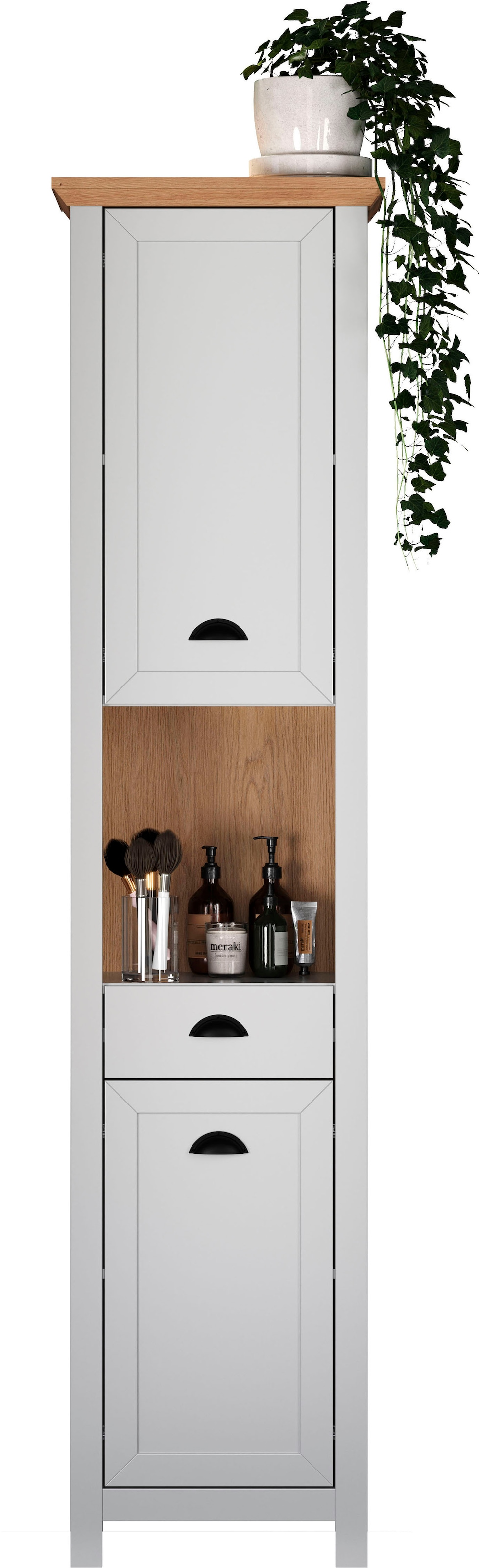Home affaire Hochschrank, Badmöbel mit Muschelgriffen im Landhaus-Look - (B/T/H) 46/33/191 cm