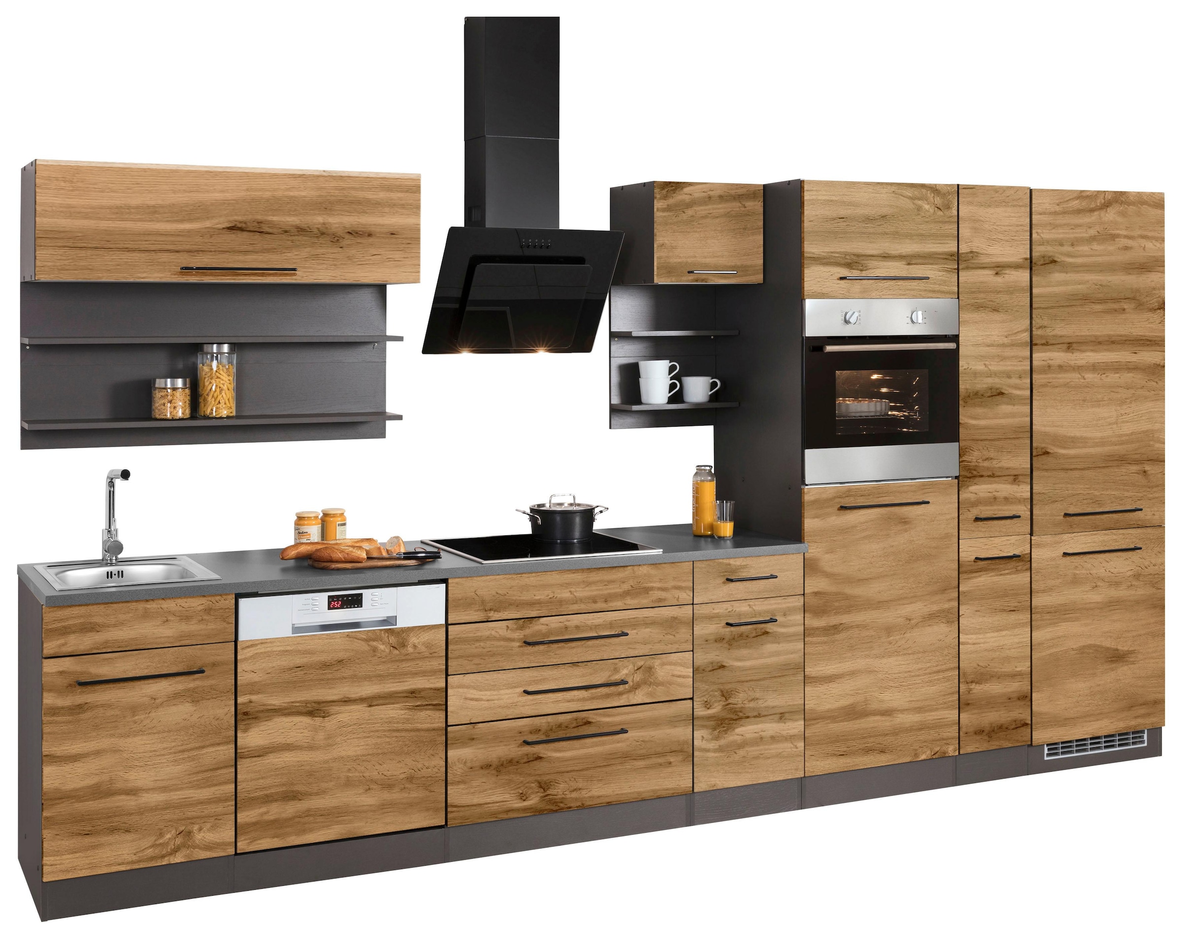 KOCHSTATION Küchenzeile »KS-Tulsa«, ohne E-Geräte, Breite 380 cm, schwarze Metallgriffe, MDF Fronten