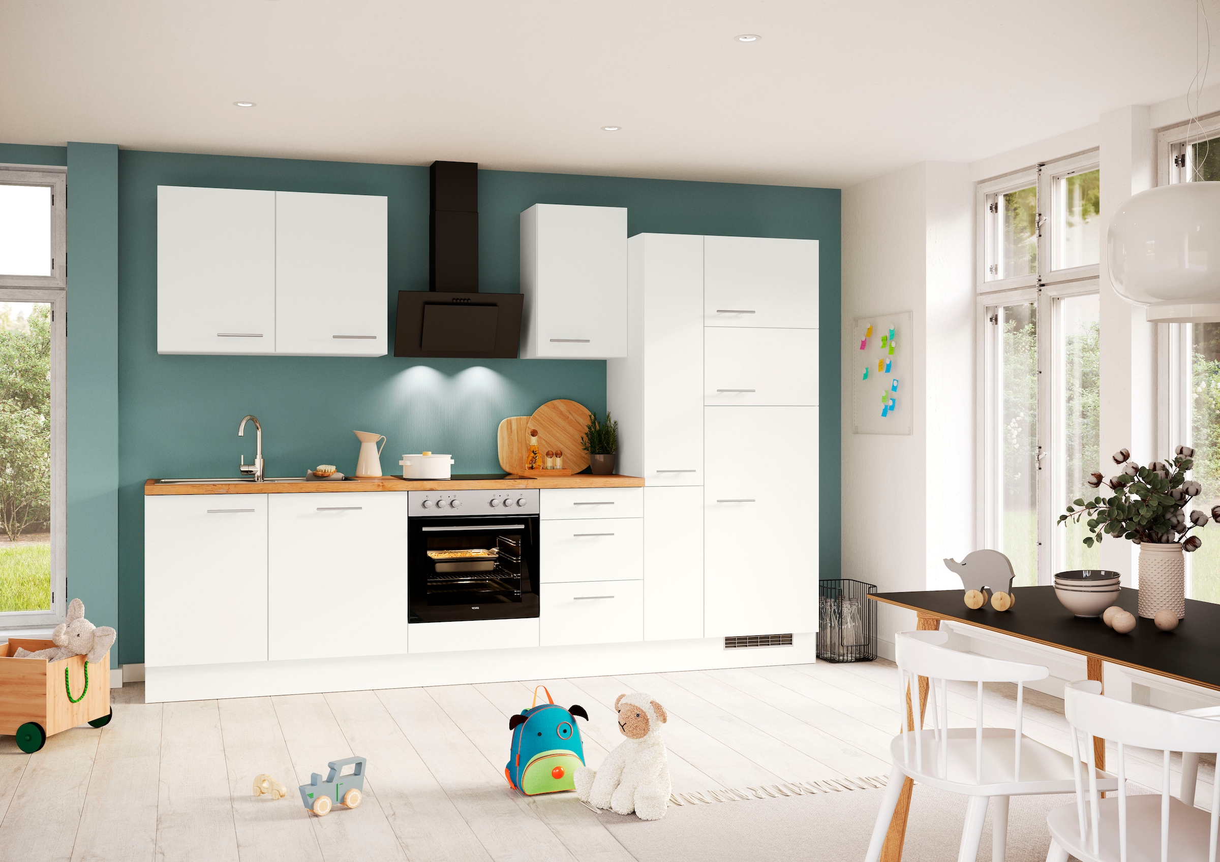 IMPULS KÜCHEN Küchenzeile »"Valencia", Ausrichtung wählbar, Schubkästen mit Soft-Close,« vormontiert, wahlweise mit E-Geräten, Breite 310 cm