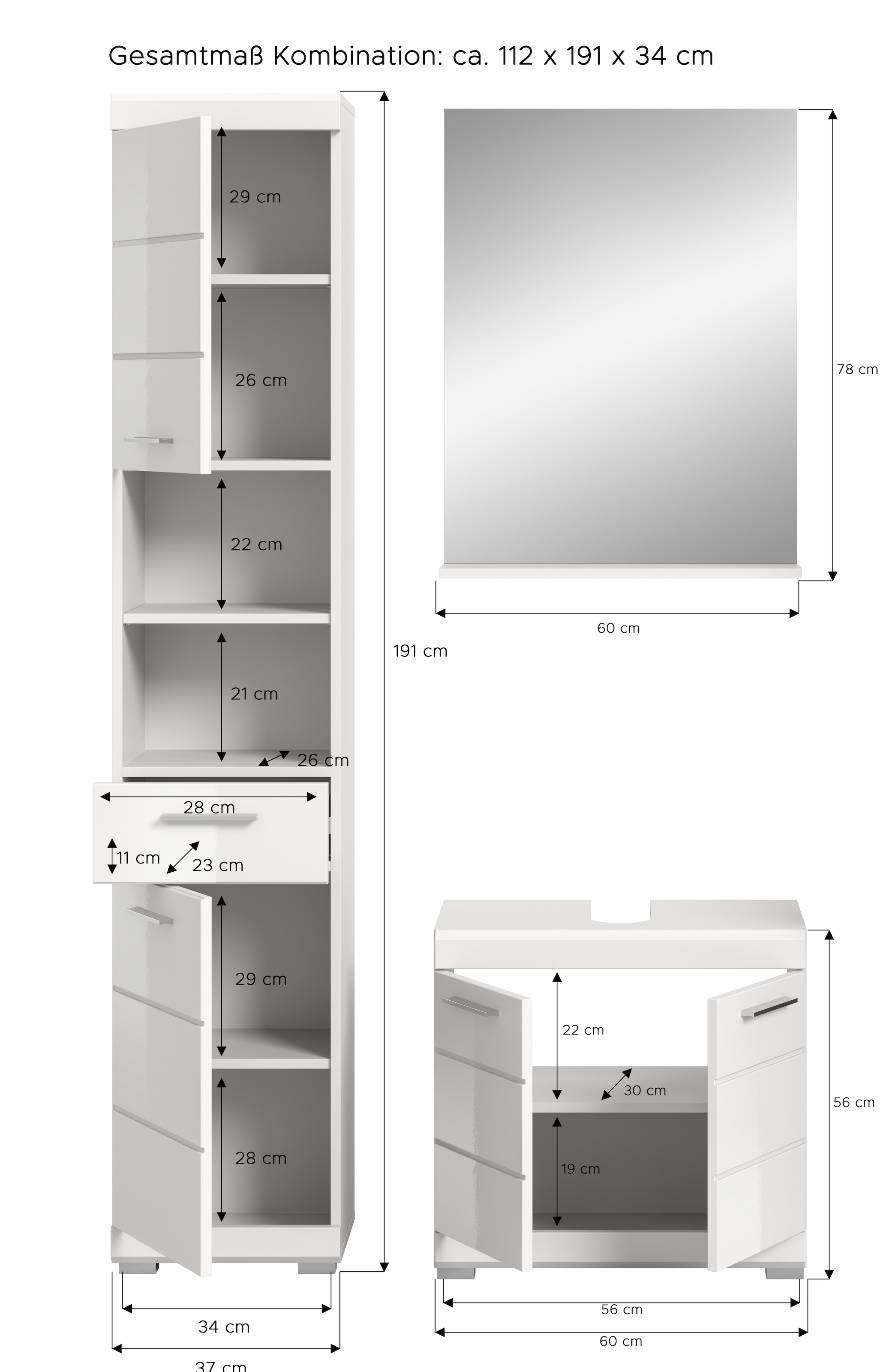 INOSIGN Badmöbel-Set »Siena, 3 teilig, bestehend aus:«, (Set), Hochschrank, Waschbeckenunterschrank, Spiegel