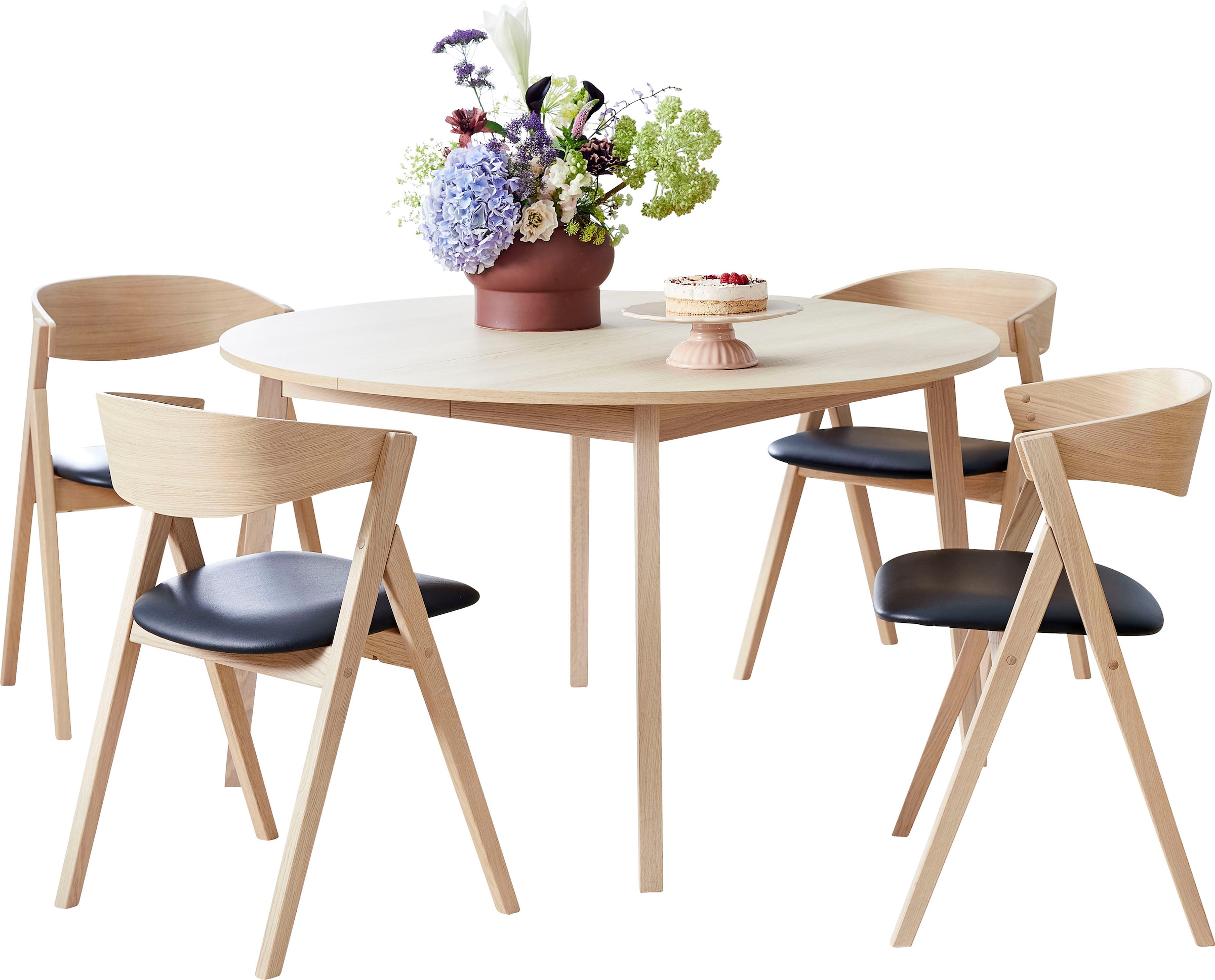 Hammel Furniture Essgruppe »Findahl/Basic by Hammel Single/City«, (Set, 5 tlg.), mit Single Esstisch Ø130 cm inkl. 2 Einlegeplatten und 4 City Stühle