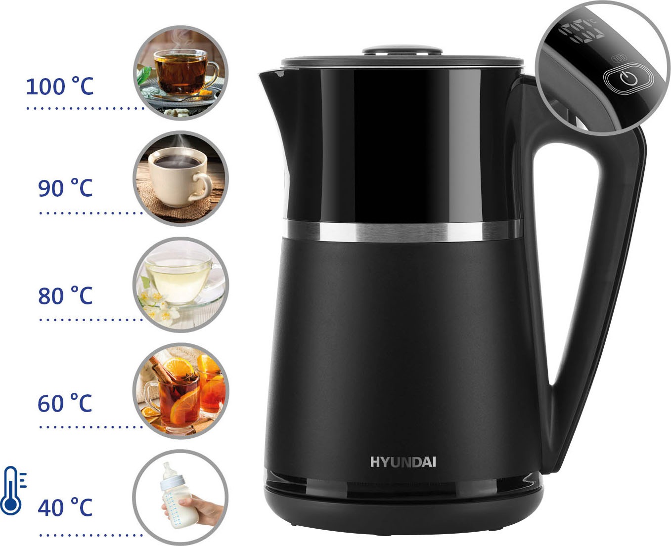 Hyundai Wasserkocher »HYUVK309«, 1,7 l, 2200 W, elektronische Temperaturregelung, Thermoskannen-Effekt