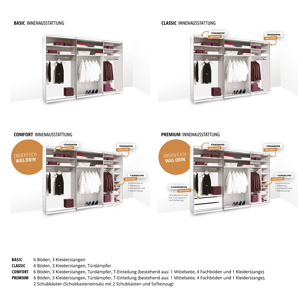 STAUD Schwebetürenschrank »Sinfonie Plus, edles Design in hochwertiger Qualität, Made in Germany«, Mit Spiegeltür und vier verschiedenen Ausstattungsvarianten