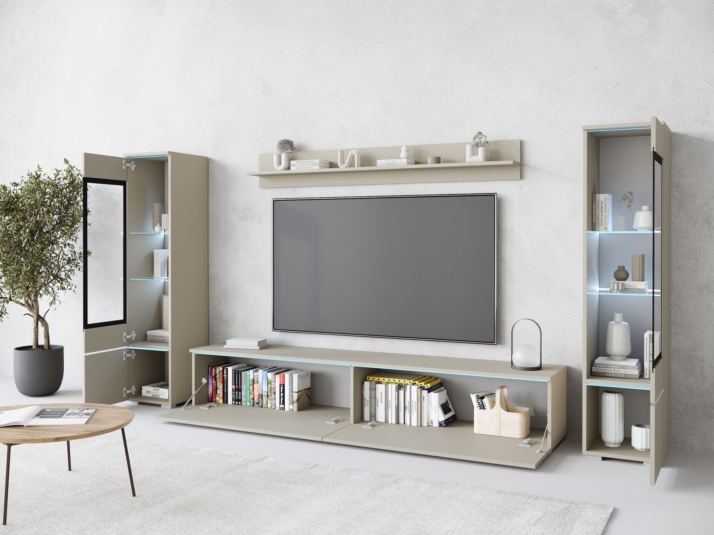 INOSIGN Wohnwand »VERA II, Vitrinen Türanschlag wechselbar«, (Komplett-Set, 4 St.), Mediawand 260 cm, Vitrine mit Verglasung, stehend und hängend