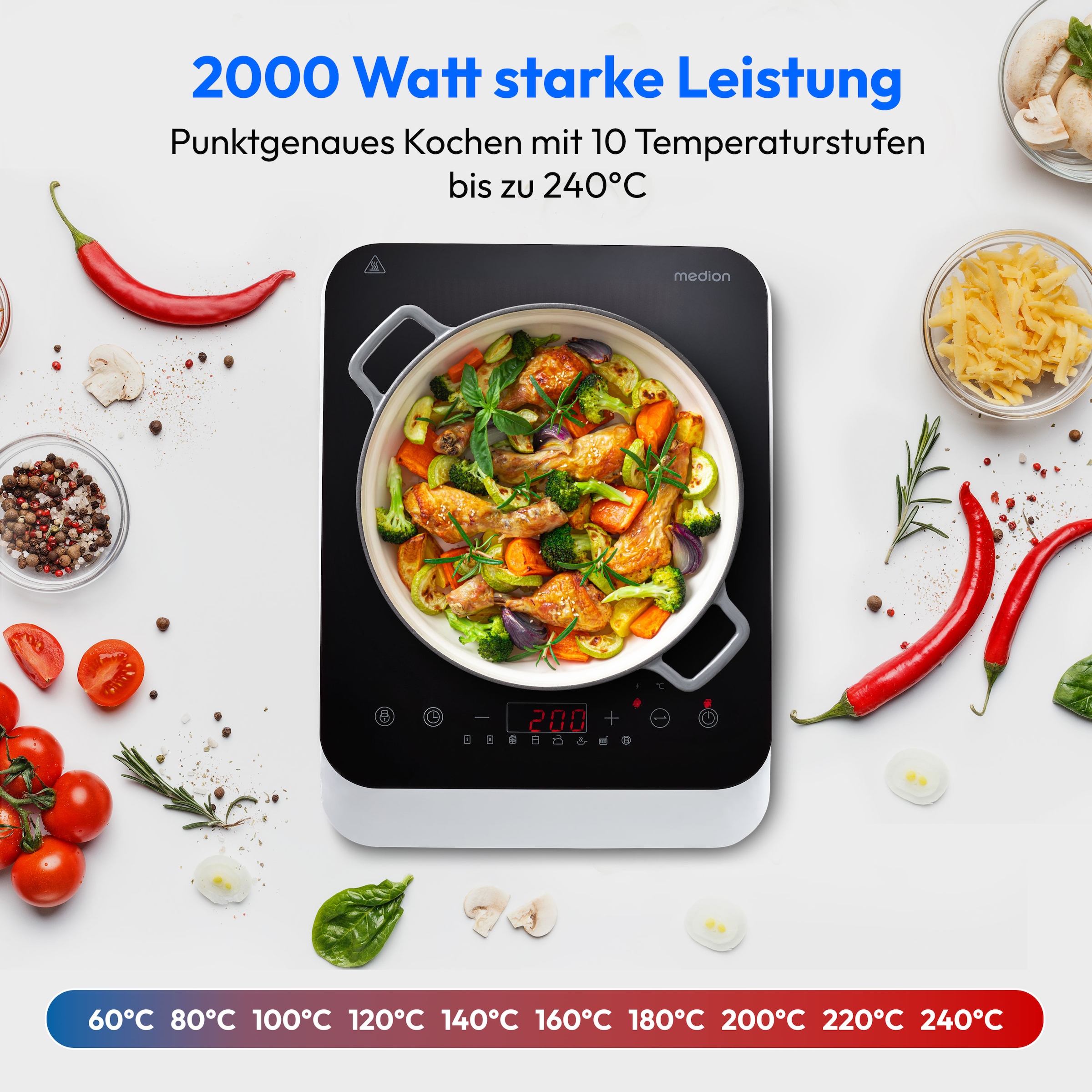 Medion® Einzel-Induktionskochplatte »MD 18490, 2000 W Induktionsleistung, automatische Topferkennung, Timer«, Temperaturbereich 60 - 240°, Sensor-Touch-Display, 8 Automatikprogr.