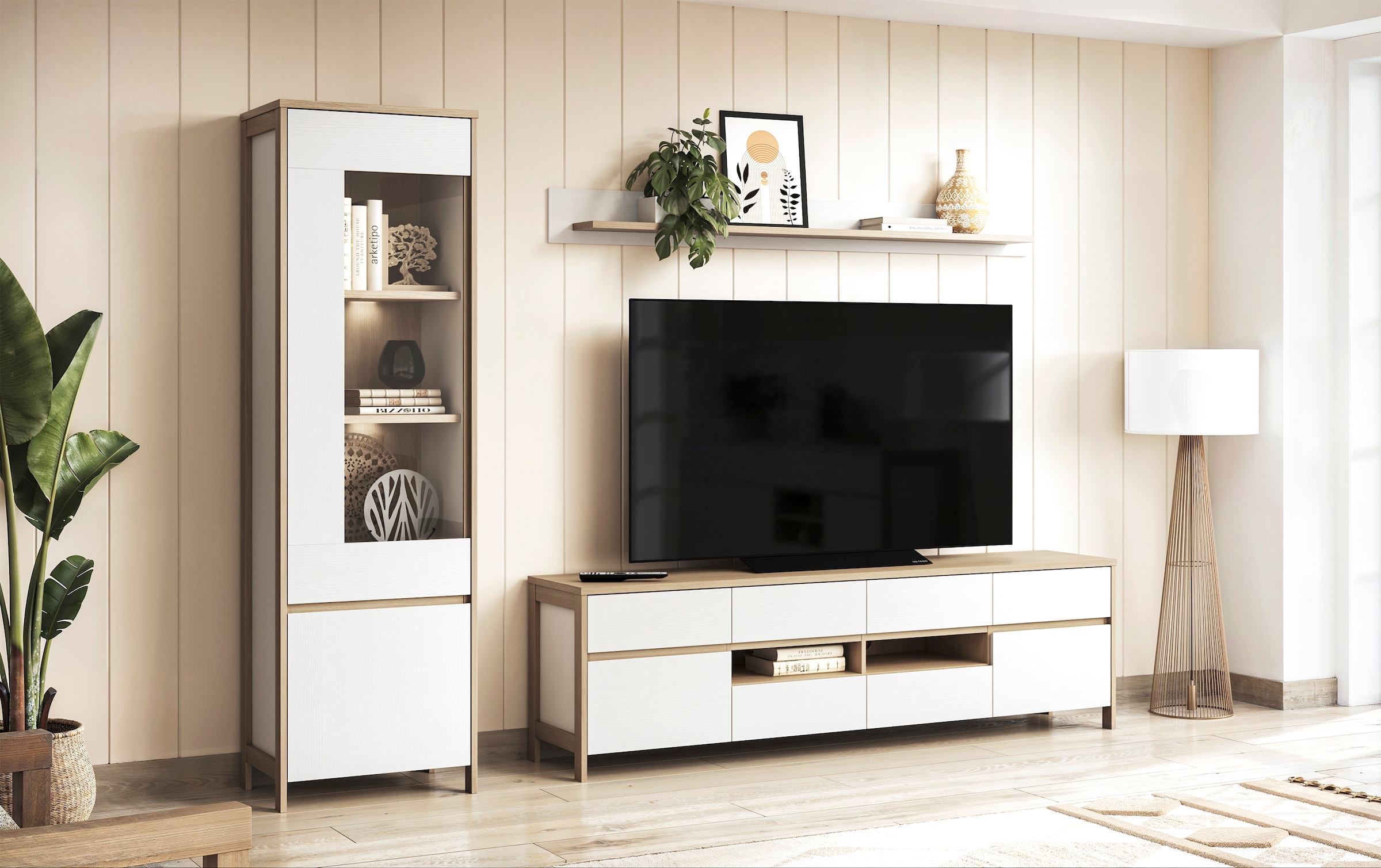 Home affaire Wohnwand »Stranda, moderne Anbauwand, Komplettset im Scandi-Style«, (3 St.), enthält Vitrine, Lowboard und Wandboard, 270 cm breit