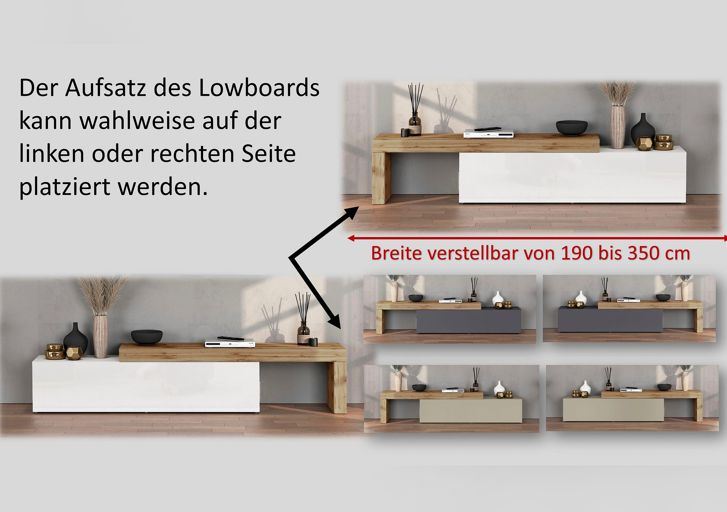 INOSIGN Lowboard »Chronos TV-Board, TV-Schrank«, (1 St., Breite verstellbar von 190 bis 350 cm), Breite 270 cm TV-Board,Lowboard,1 Klappe und ein L-Förmiger Aufsatz