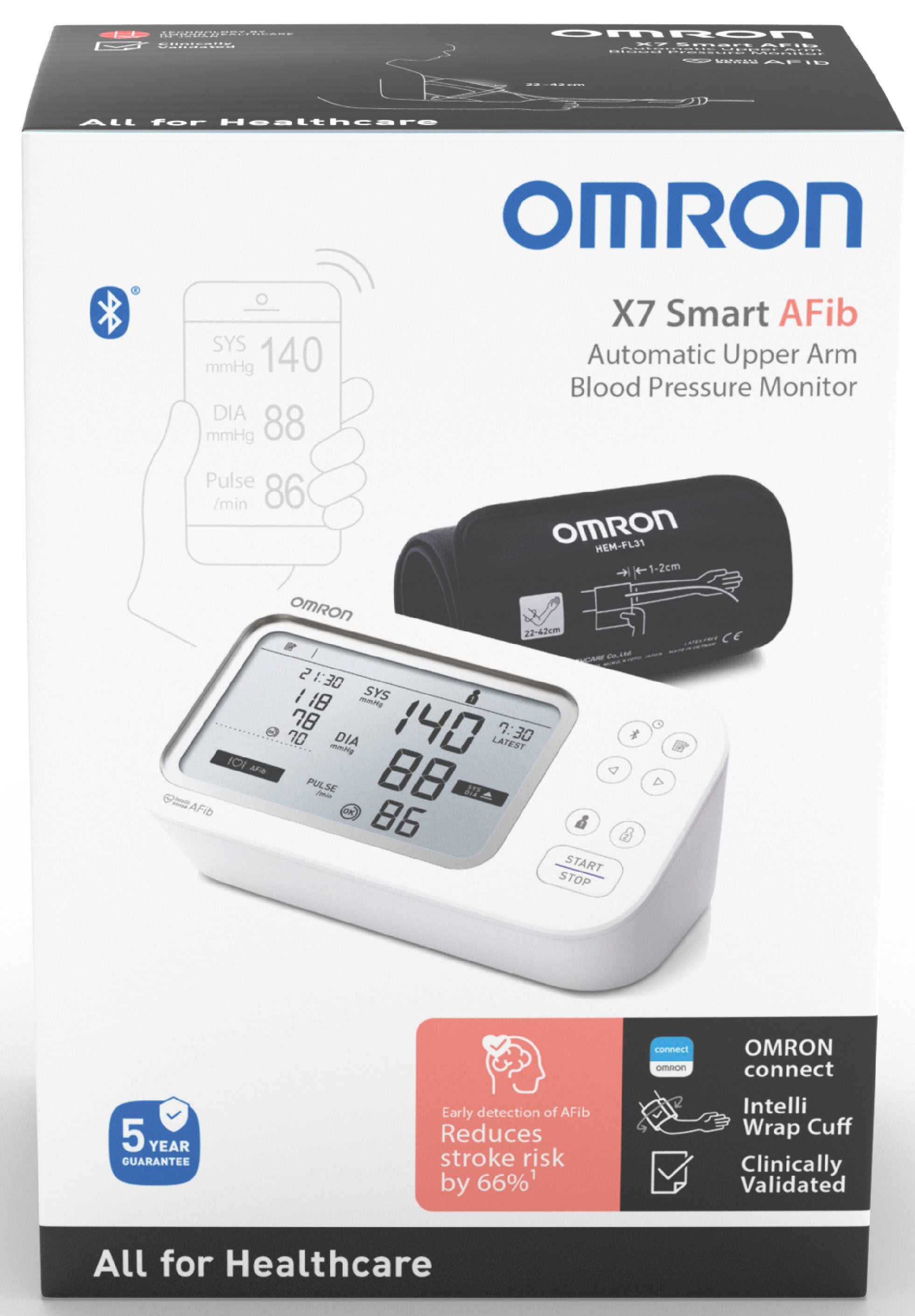 Omron Oberarm-Blutdruckmessgerät »X7 Smart AFib, 2 Nutzer, mit AFib Screening bei jeder Messung und App« klinisch validiert, für Diabetiker und Schwangere, 22-42 cm Manschette