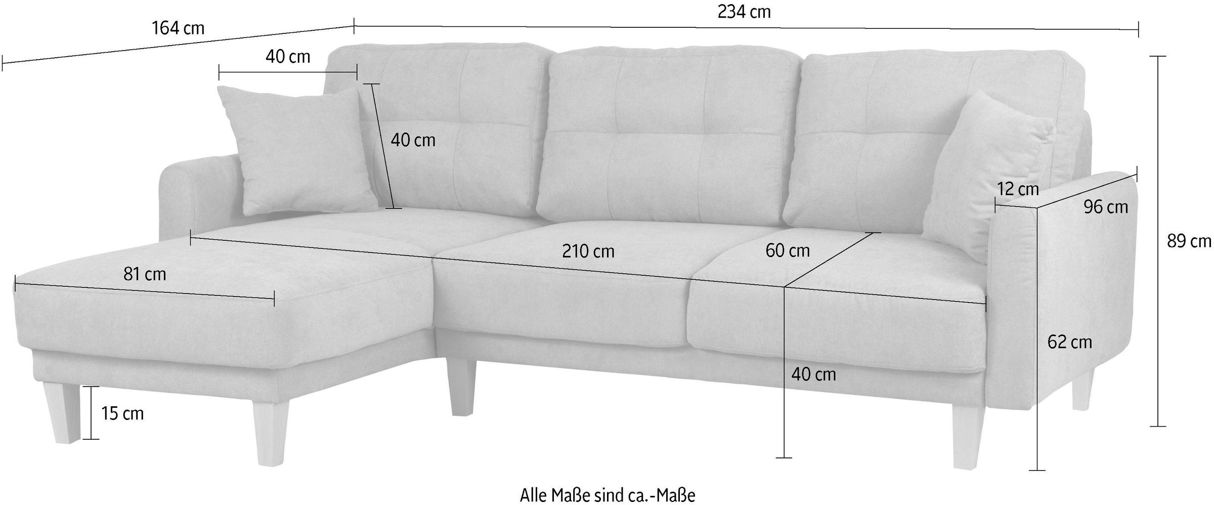 Home affaire Ecksofa »TRIPLO optionale Schlafsofa mit Bettkasten, Maße B/T/H: 234/164/89 cm«, L-Form wahlweise mit Bettfunktion - Liegefläche 132x210 cm