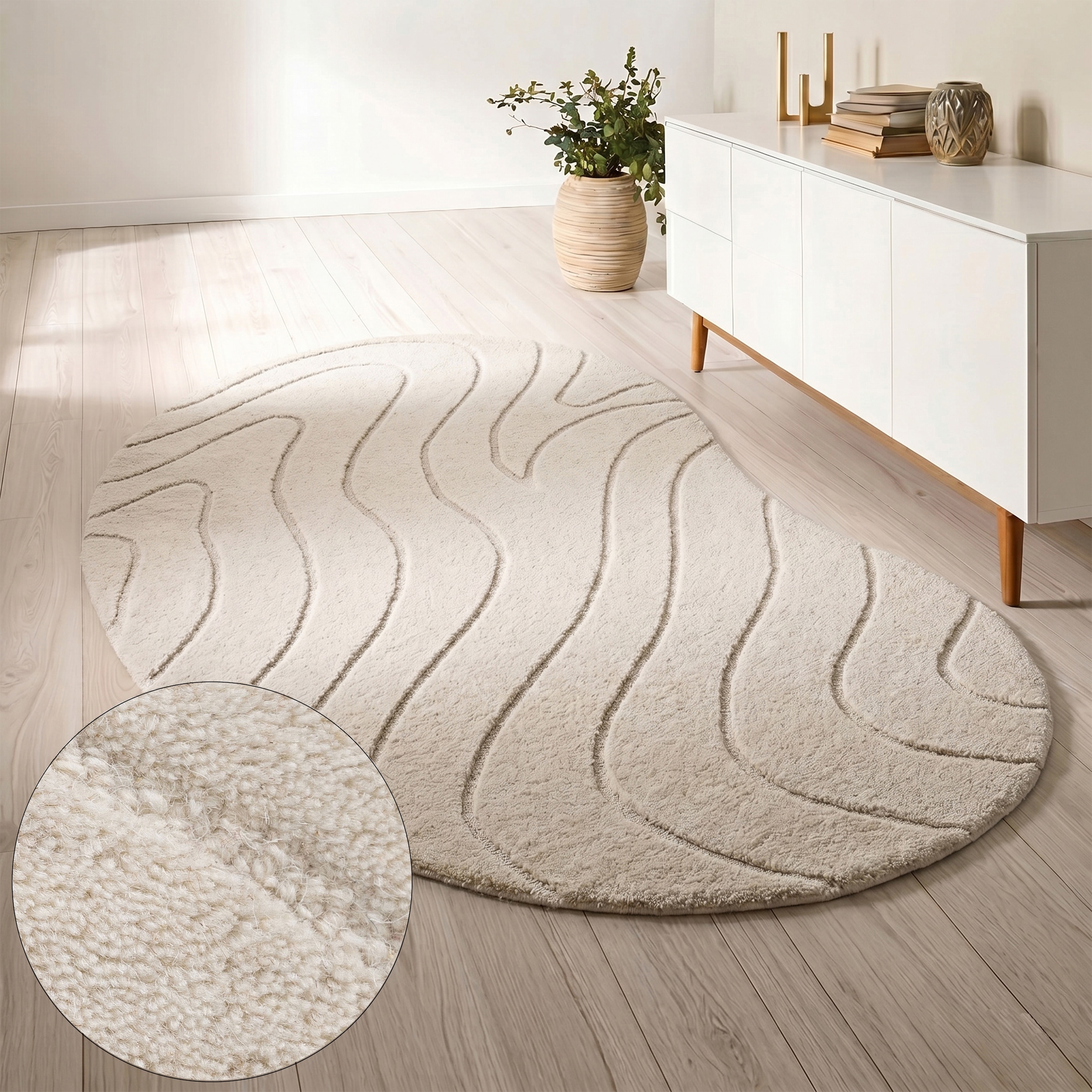 LeGer Home by Lena Gercke Wollteppich »Zarrah, mit Wellendesign, besondere Form, organisch« oval 14 mm Höhe reine Wolle, modern, Scandi, Schlafzimmer, Wohnzimmer, Esszimmer