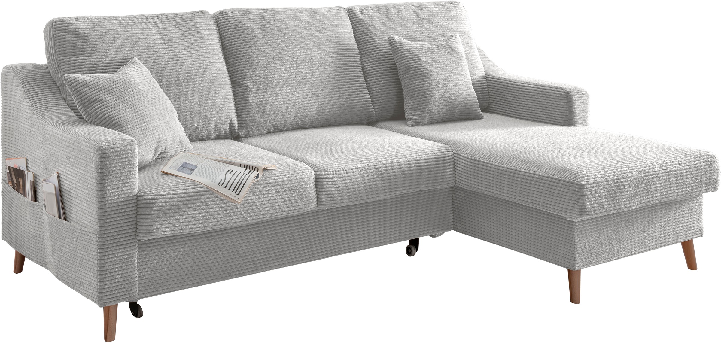 INOSIGN Ecksofa »Valentina L-Form«, 2 Zierkissen, mit Seitentasche, ausziehbarer Liegefläche, Bettkasten