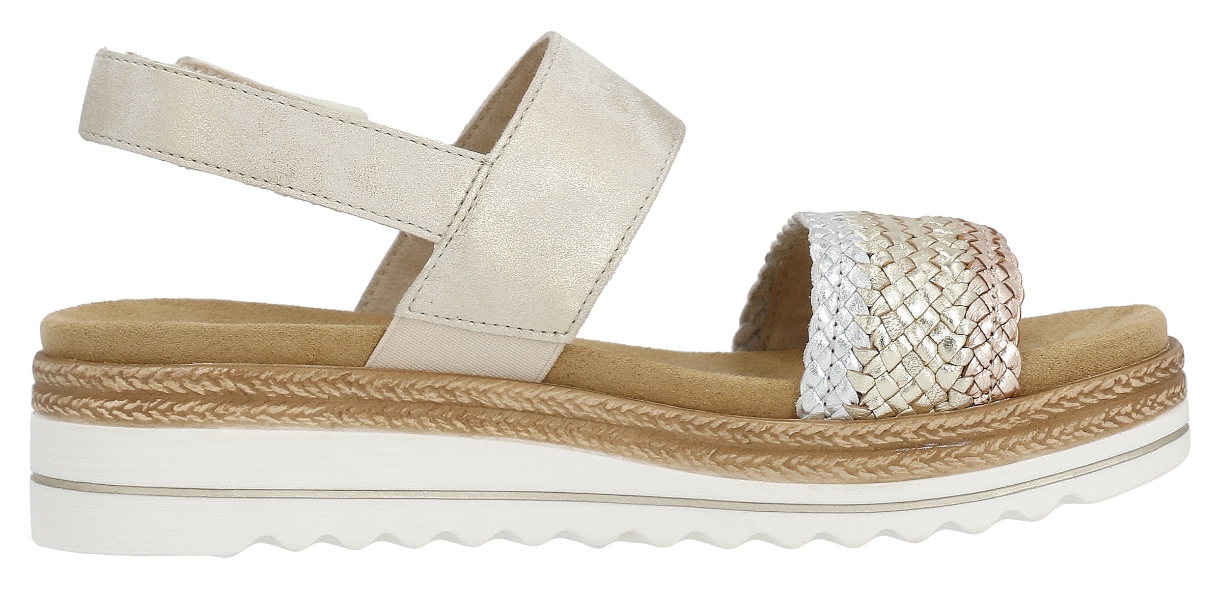 Remonte Keilsandalette »ELLE-Collection«  , Sommerschuh, Sandale, Keilabsatz, mit Flechtbandage im Metalliclook