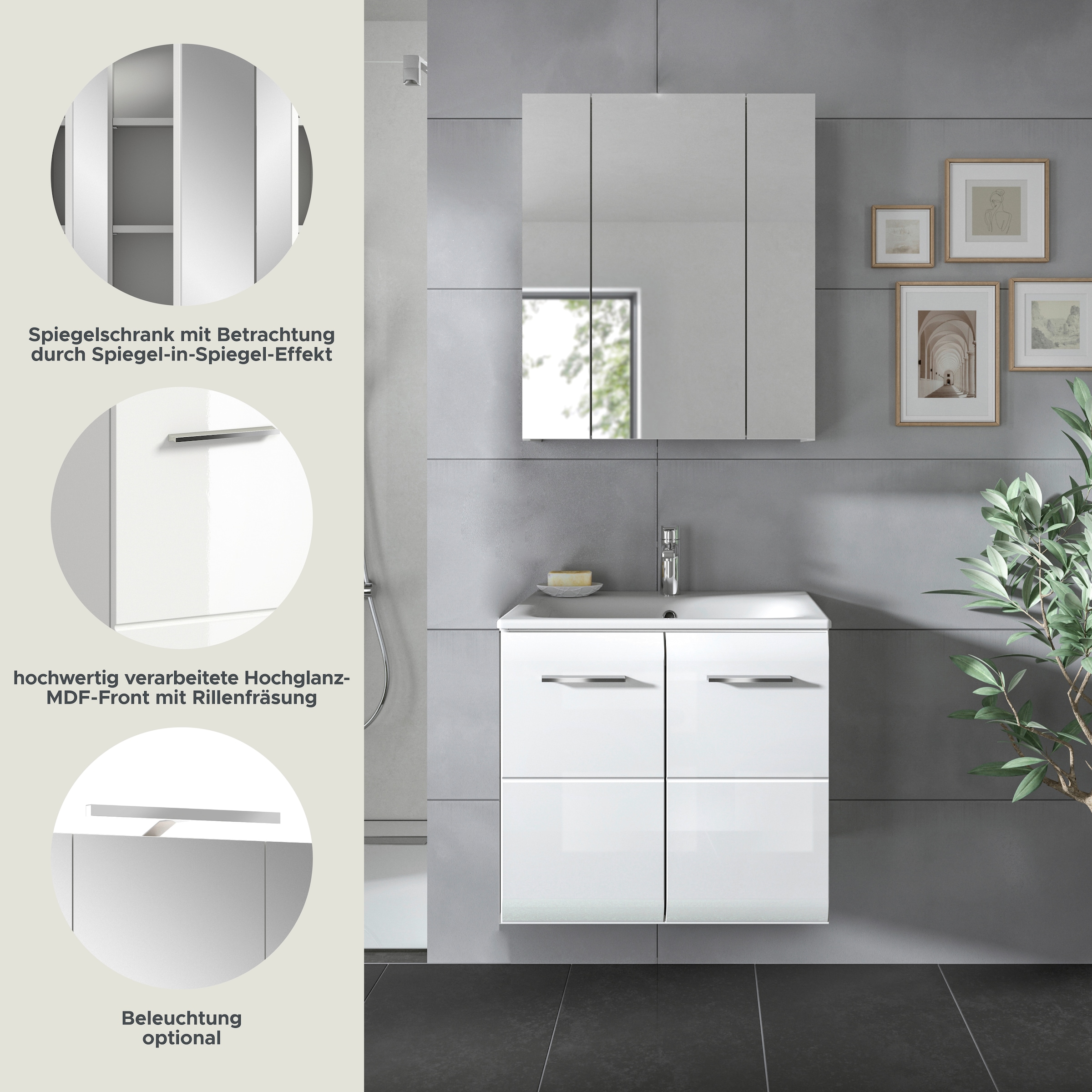 INOSIGN Badezimmer-Set, (Set, 3 St.), Florenz, Badkombination 3-tlg., Weiß Hochglanz, inkl. Waschbecken