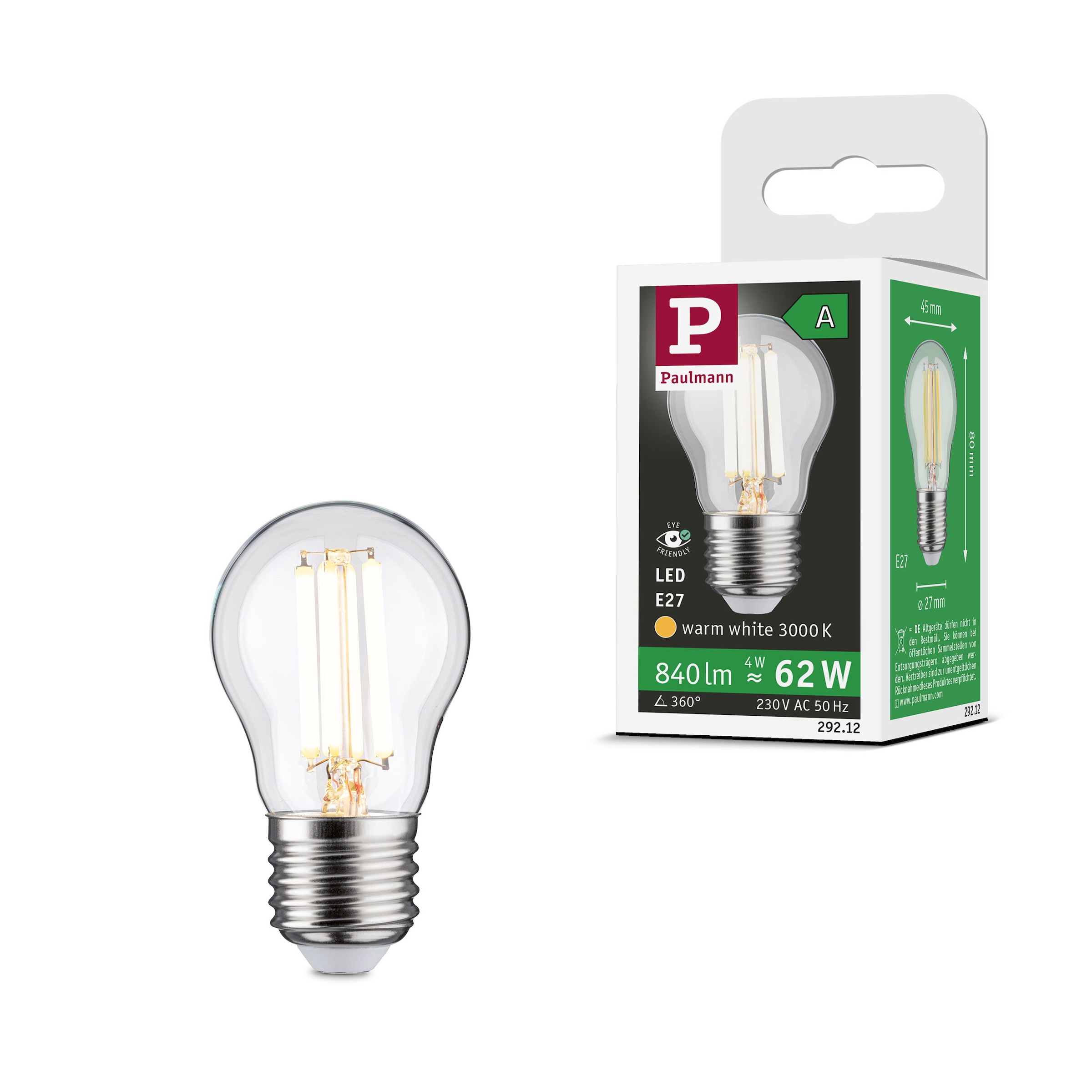 Paulmann LED-Leuchtmittel »Eco-Line Tropfen 840lm 4W 3000K klar 230V« E27 1 Stk. Warmweiß