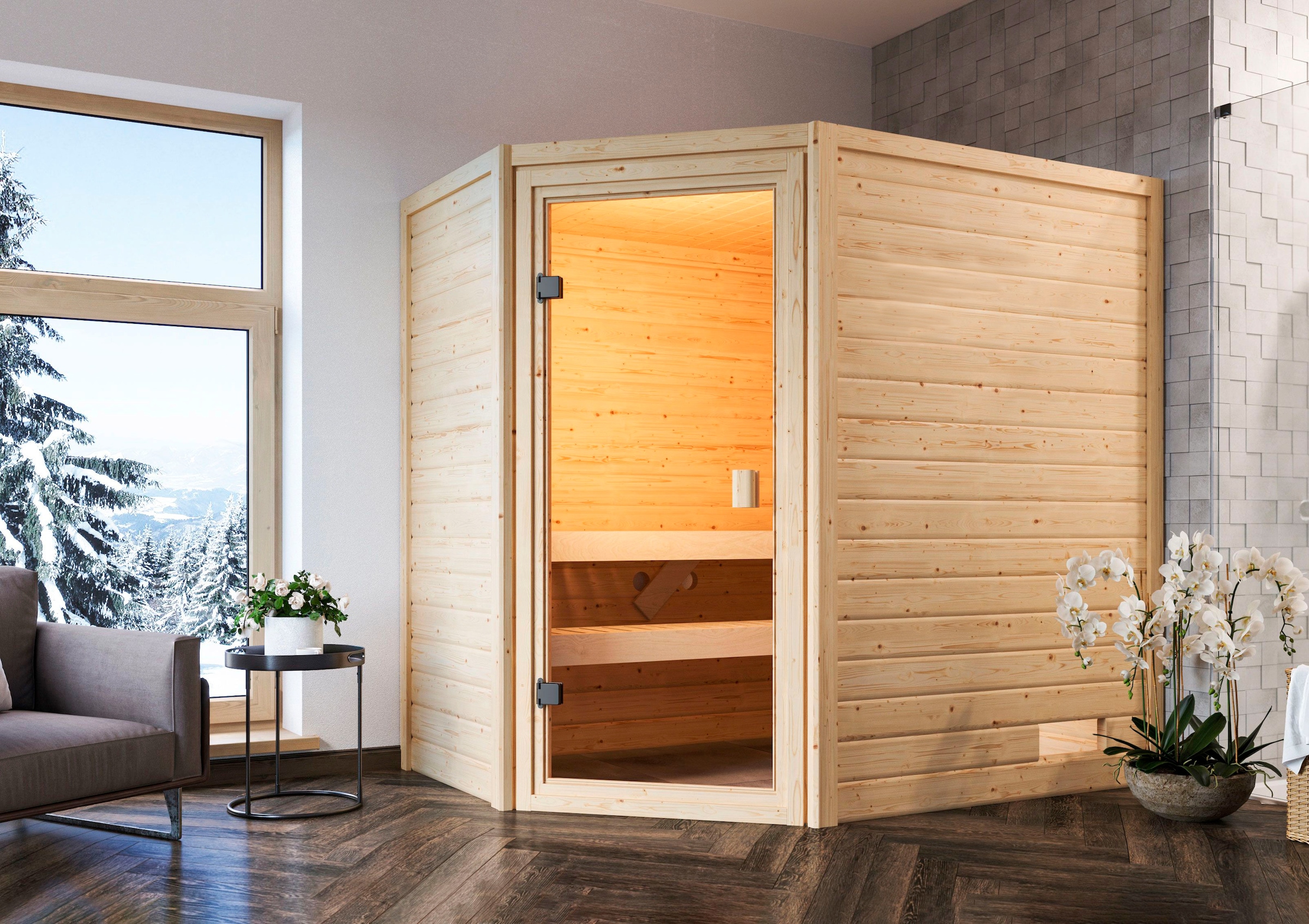 welltime Sauna »Juli«, 3,6-kW-Plug & Play Ofen mit int. Steuerung