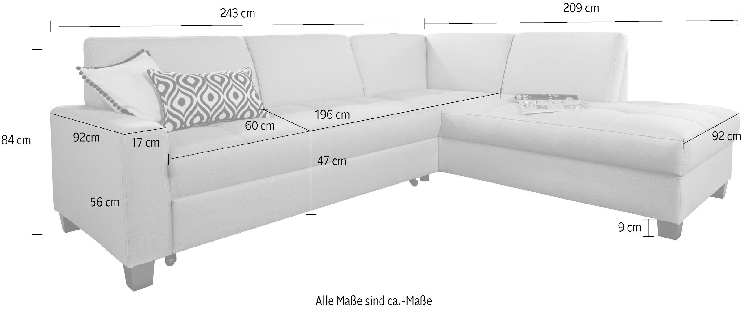 DOMO collection Ecksofa »Florentina zeitlos und elegant, Sitznähte als Designelement, L-Form« wahlweise mit Bettfunktion, mit Kontrastnaht, Komfortsitzhöhe 47cm