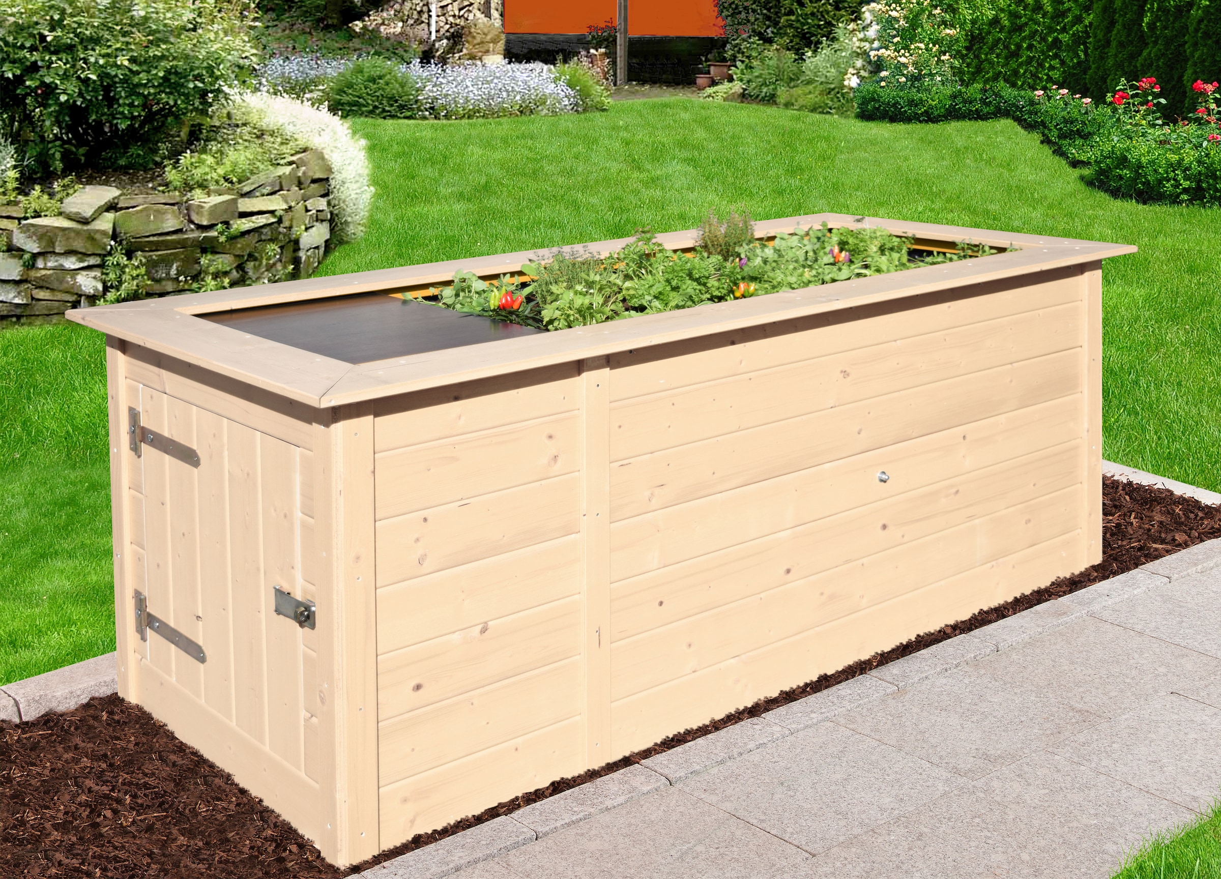 weka Hochbeet BxTxH: 205x80x81 cm, mit Anbauschrank beige Massivholz