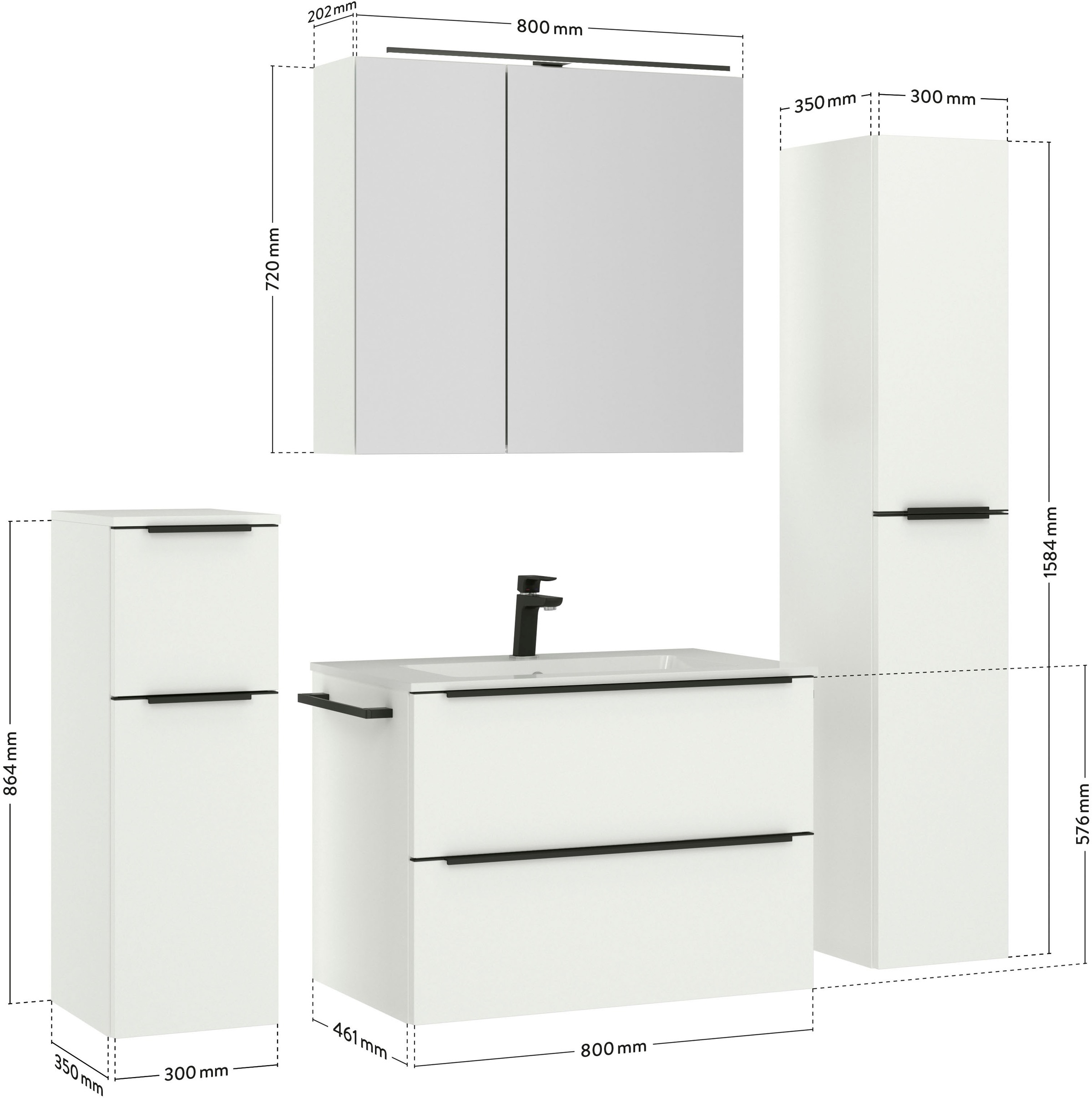 nobilia® Badmöbel-Set »Levere«, (4 St., vormontiert, mit Soft-Close), inkl. Spiegelschrank mit Beleuchtung und Dimmerfunktion, in 4 Breiten