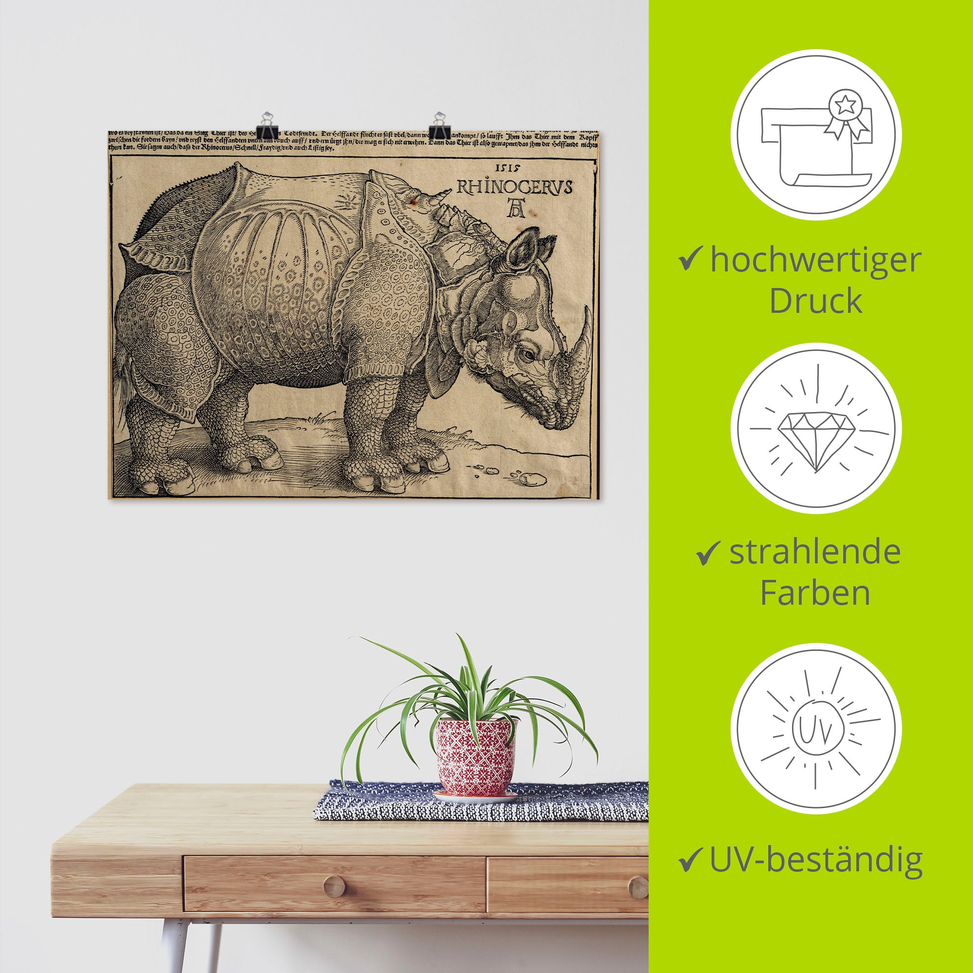 Artland Kunstdruck »Nashorn. 1515. Für König Emanuel.«, Wildtiere, (1 St.), als Leinwandbild, Wandaufkleber oder Poster in versch. Größen