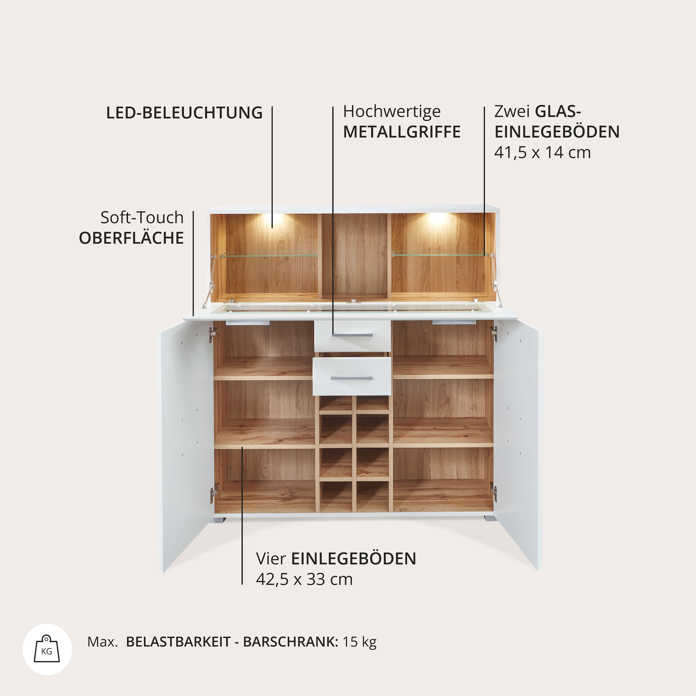 Innostyle Barschrank »FUN PLUS, TOPSELLER!«, (Barschrank), Maße: 120 x 129 x 37 cm (B/H/T), mit LED-Beleuchtung