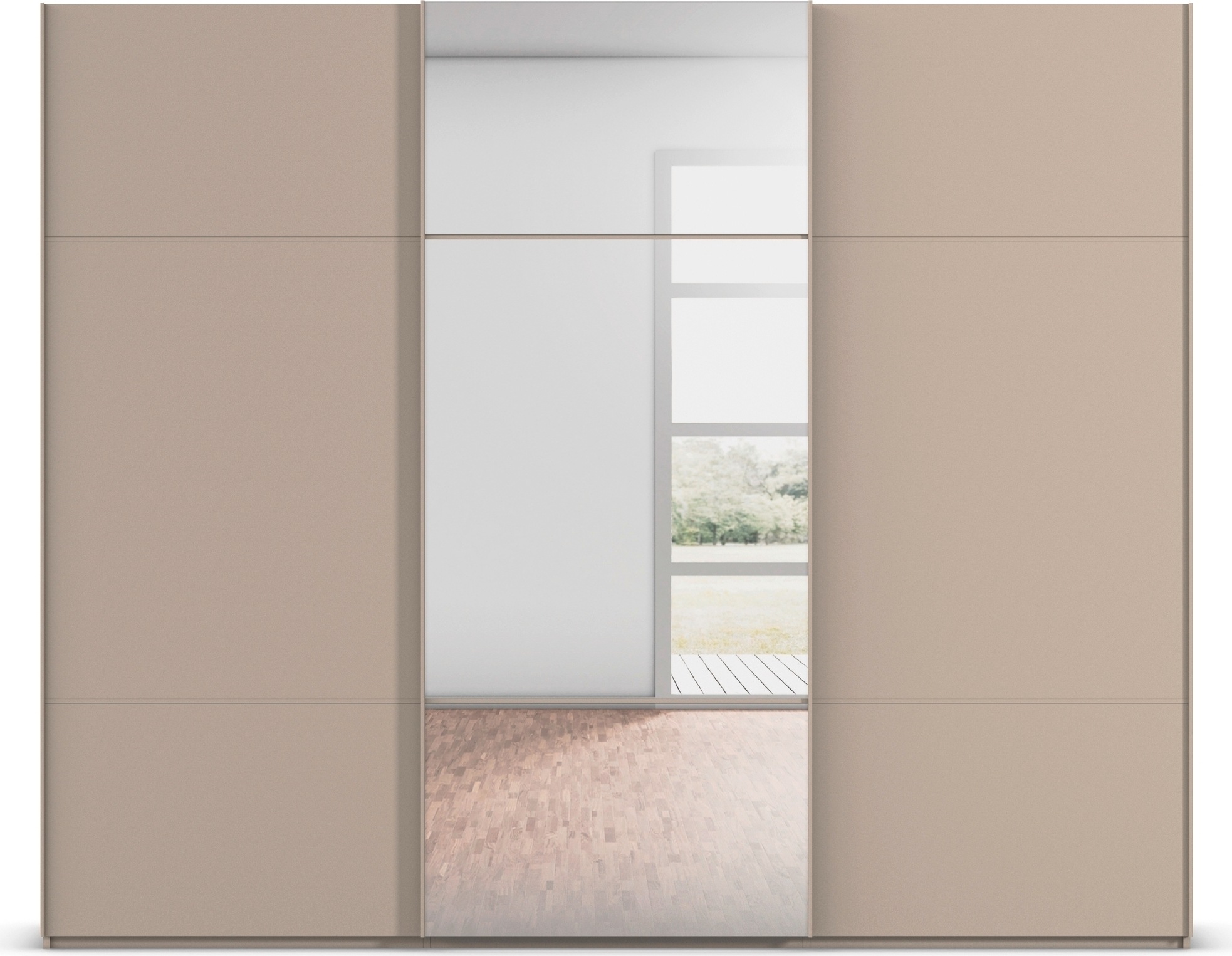 rauch Schwebetürenschrank »Kleiderschrank Schrank Garderobe Schlafzimmerschrank SCALE-TRIO«, edle dreigeteilte Front mit 2 Zierleisten und Spiegel MADE IN GERMANY
