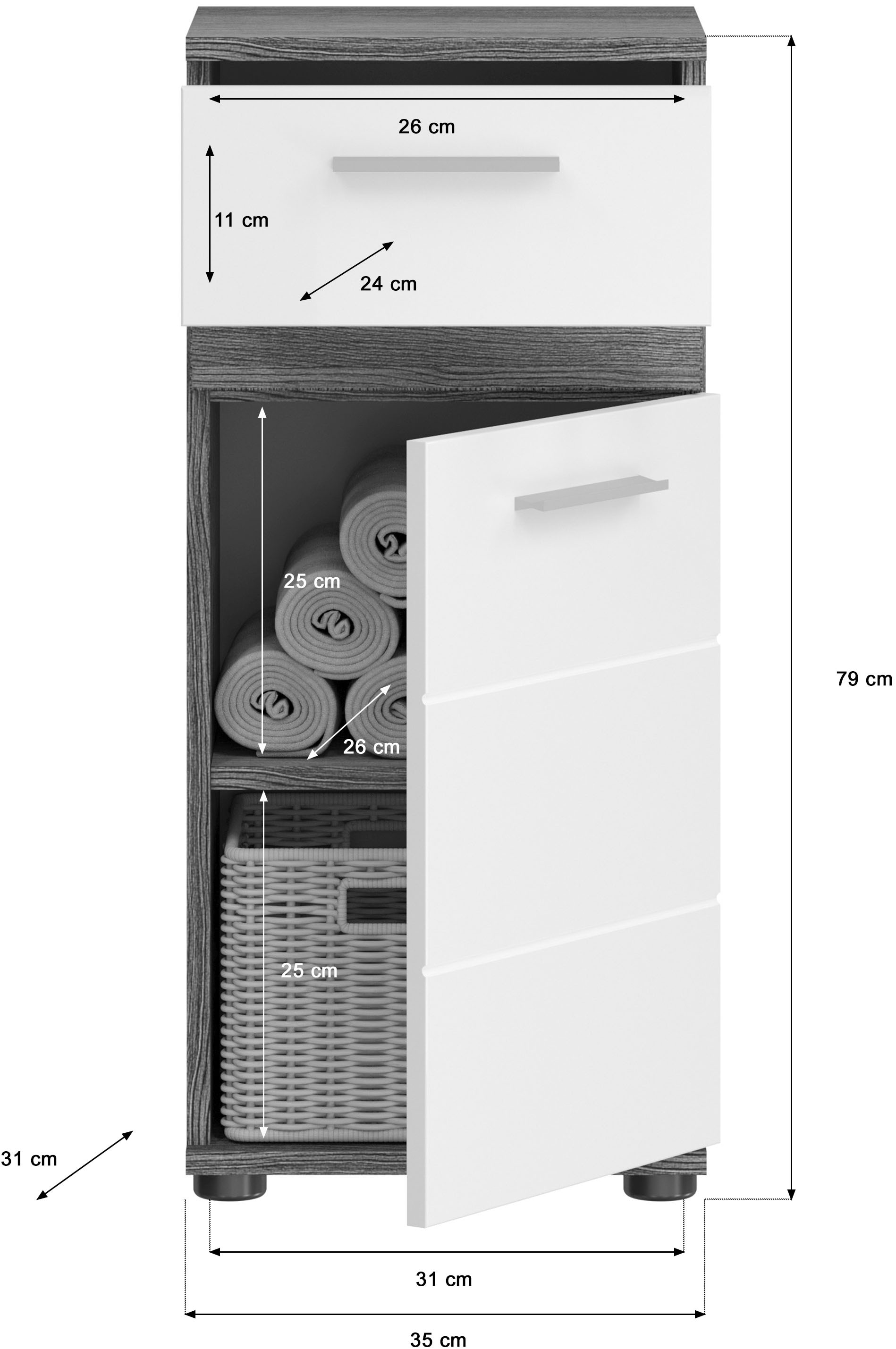 welltime Unterschrank »LUCCA, TOPSELLER!, Breite 35cm, 1 Tür (TA wechselbar), 1 Schubkasten«, MDF Front, Badmöbel, Badschrank, Schrank, Bad, Badezimmer