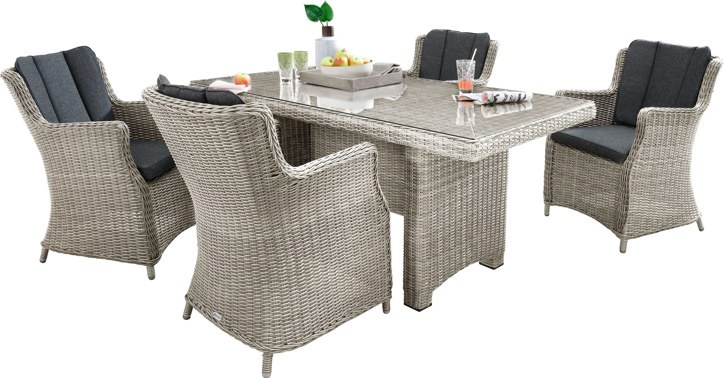 Destiny Garten-Essgruppe »LUNA«, (13 tlg., 4x Sessel, 1x Tisch, inkl. Auflagen), Aluminium, Polyrattan