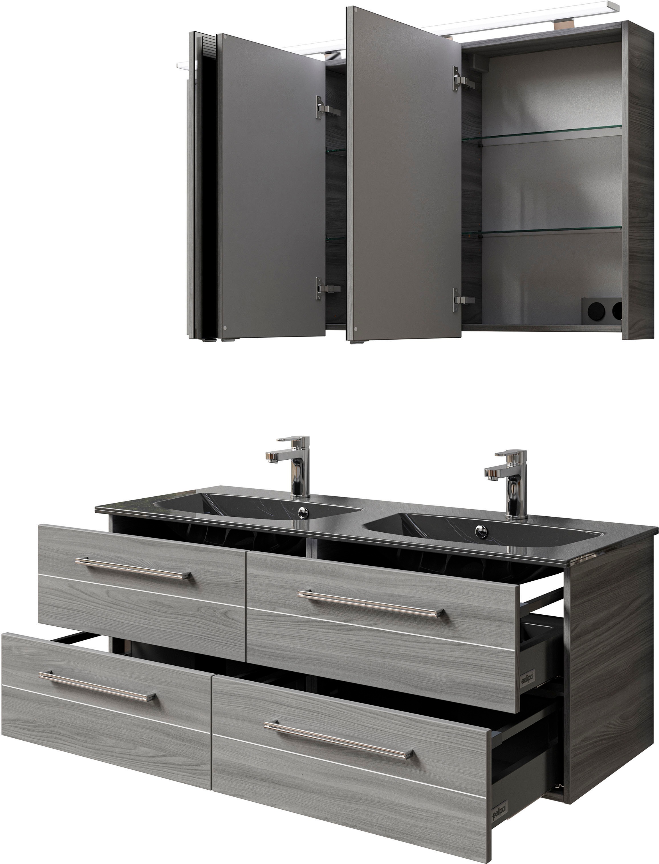 Saphir Badmöbel-Set »Serie 6025 2-teilig Mineralmarmor-Waschtisch mit LED-Spiegelschrank«, (2 St.), Waschplatz 132cm breit, 4 Schubladen, 2 Spiegel-Türen, inkl Türdämpfer