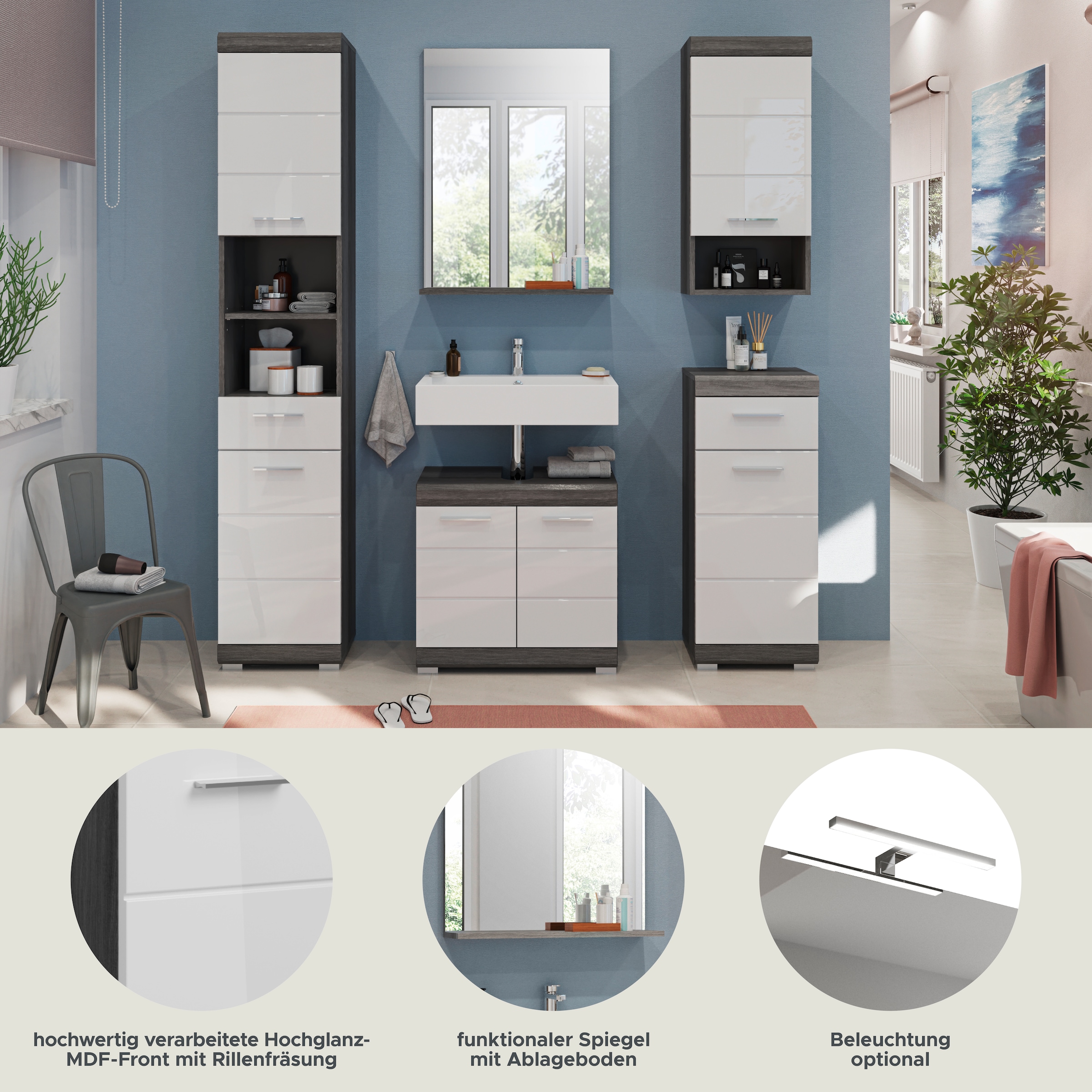 INOSIGN Badmöbel-Set »Siena, 5 teilig, bestehend aus:«, (Set, 5 St.), Hochschrank, WBU, Spiegel, Unterschrank, Hängeschrank
