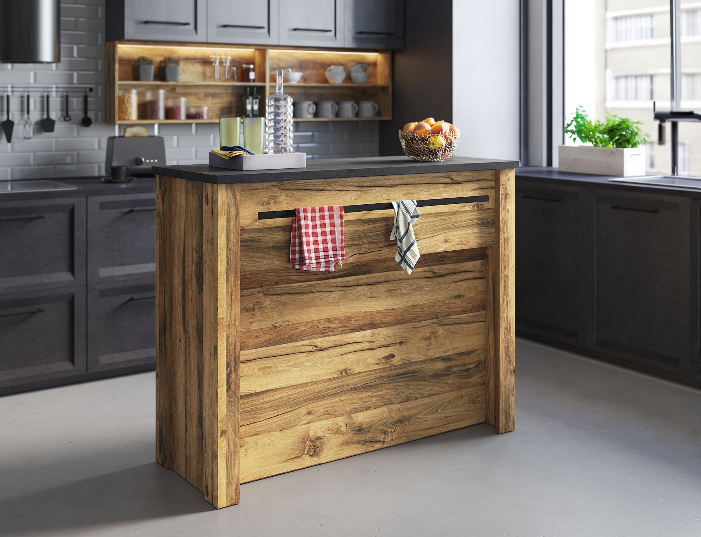 Home affaire Barschrank »York, moderne Küchentheke im Industrialdesign«, mit Handtuchstange aus Metall, ausreichend Stauraum, 130 cm breit