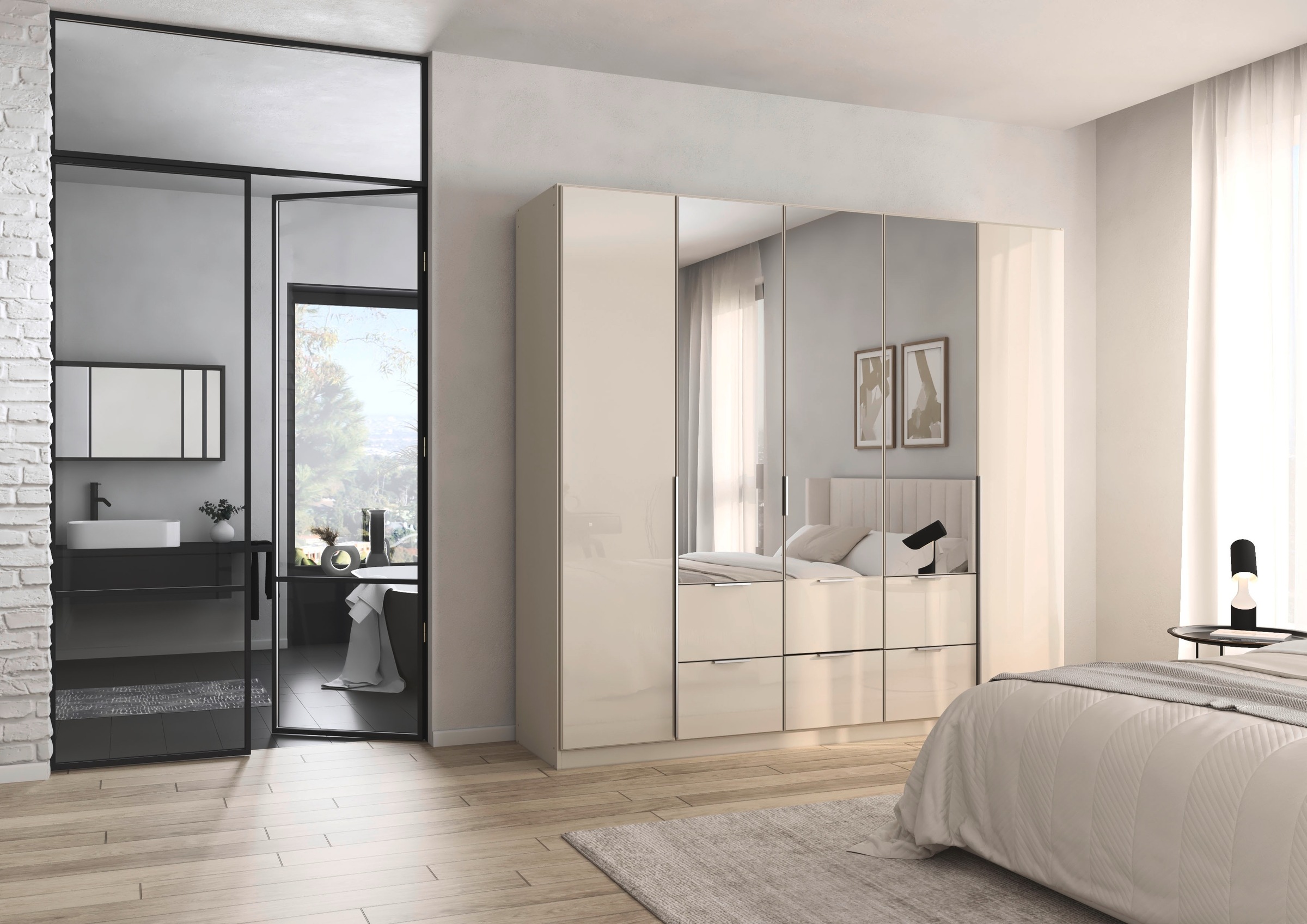 rauch Drehtürenschrank »Kleiderschrank Kleiderschränke Schrank Garderobe AGORDO mit Glasfront«, (in zwei Griff-Farben mit Glasfront), mit Außenschubkästen, in 6 Breiten und 2 Höhen MADE IN GERMANY