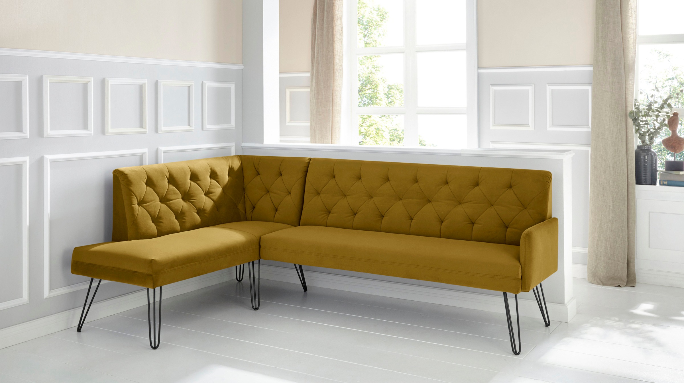 exxpo - sofa fashion Eckbank »Doppio, Chesterfield Optik, komfortabel und bequem, hohe Designfüße«, Frei im Raum stellbar