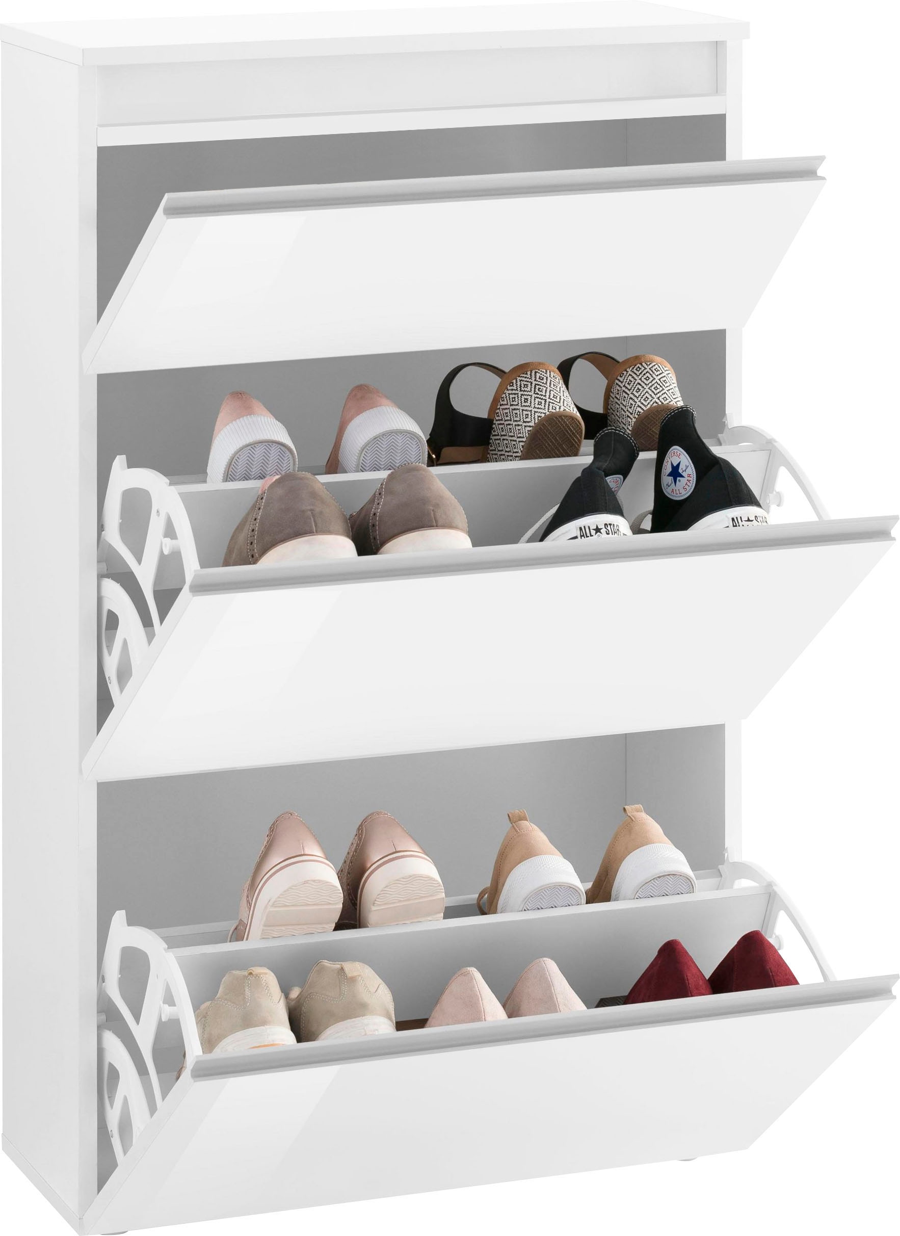 INOSIGN Schuhschrank »Magic Schuhschrank, Schuhkommode, Schuhregal, Schuhkipper, softgriff«, 3 Klappen, Doppelschuhtrommeln komplett Hochglanz lackiert Breite 60cm