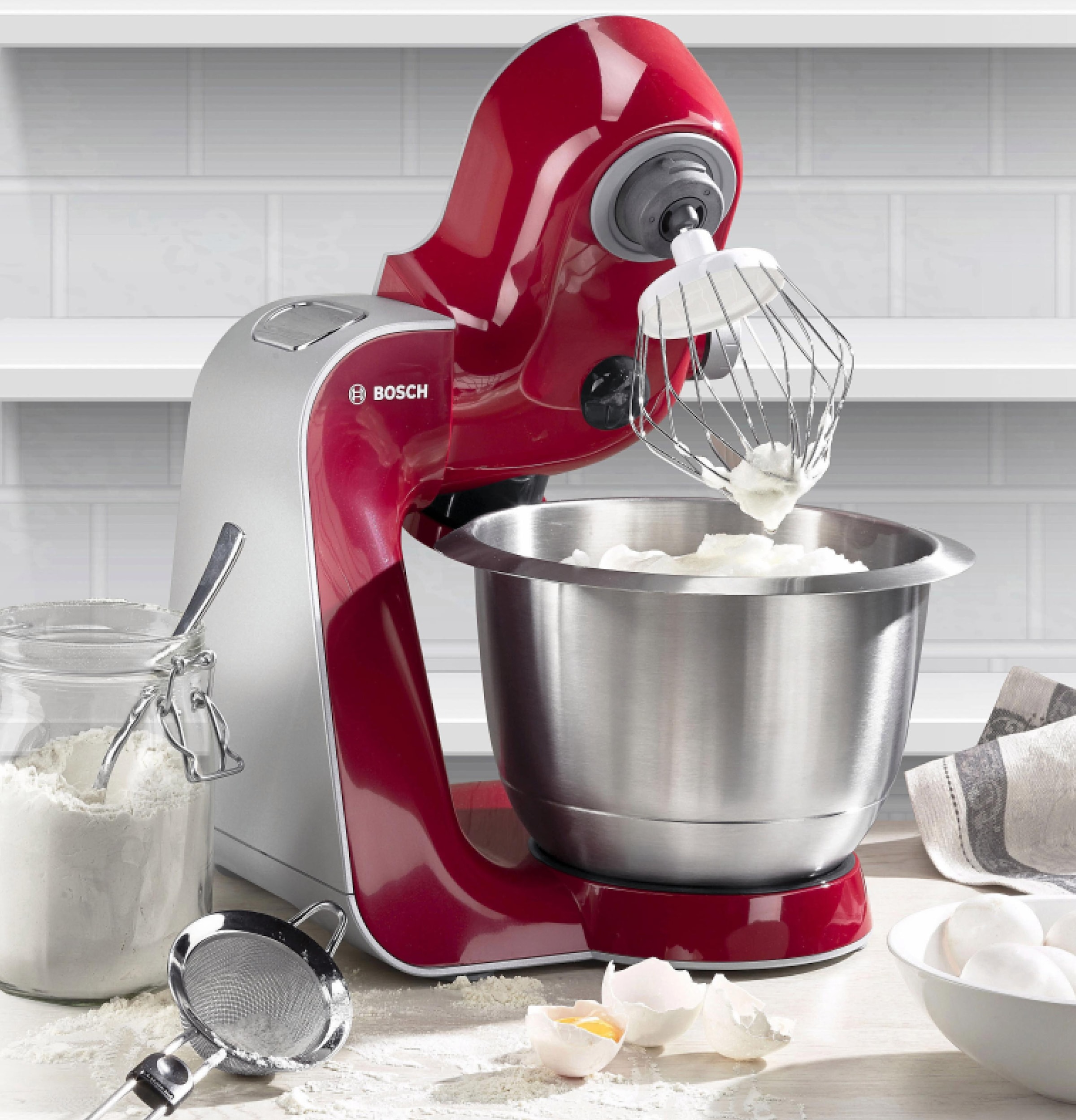 BOSCH Küchenmaschine »Serie 4 MUM56740, Durchlaufschnitzler/Mixer/Fleischw./Zitr.presse, rot«, Schüssel 3,9l Edelstahl, spülm.fest, 4 Scheiben, 3 Rührwerkzeuge