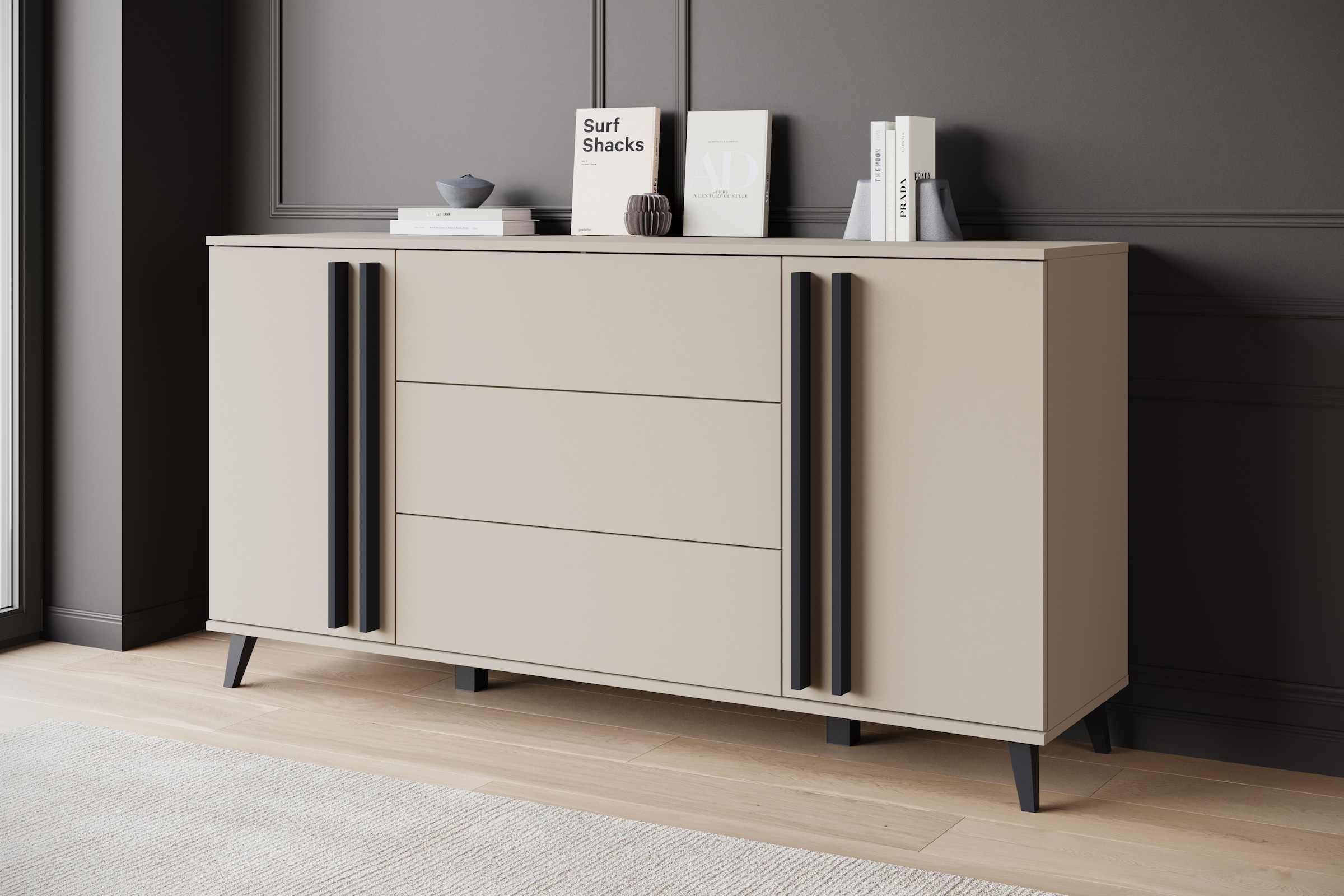 INOSIGN Sideboard »Helsinki, Kommode mit 2 Türen und 3 Schubladen, Breite 150 cm«, (1 St.), Push-to-Open-Schubladen, höhenverstellbare Einlegeböden