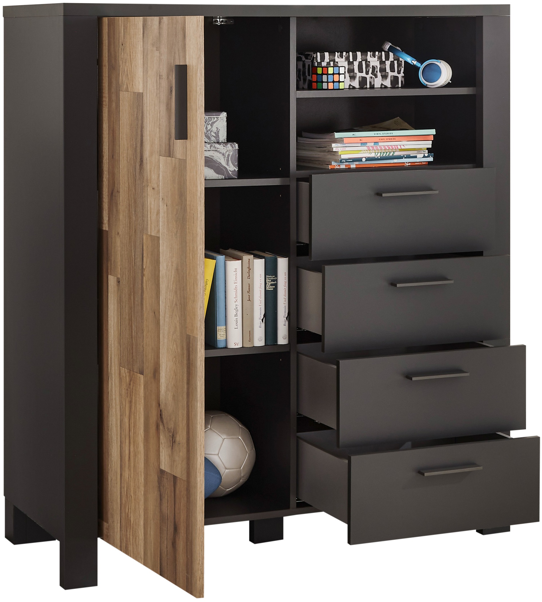 Begabino Schubkastenkommode »Dallas Hochkommode, Sideboard, Wäscheschrank«, mit Schubkästen, Schrank in Montana Oak-Graphit