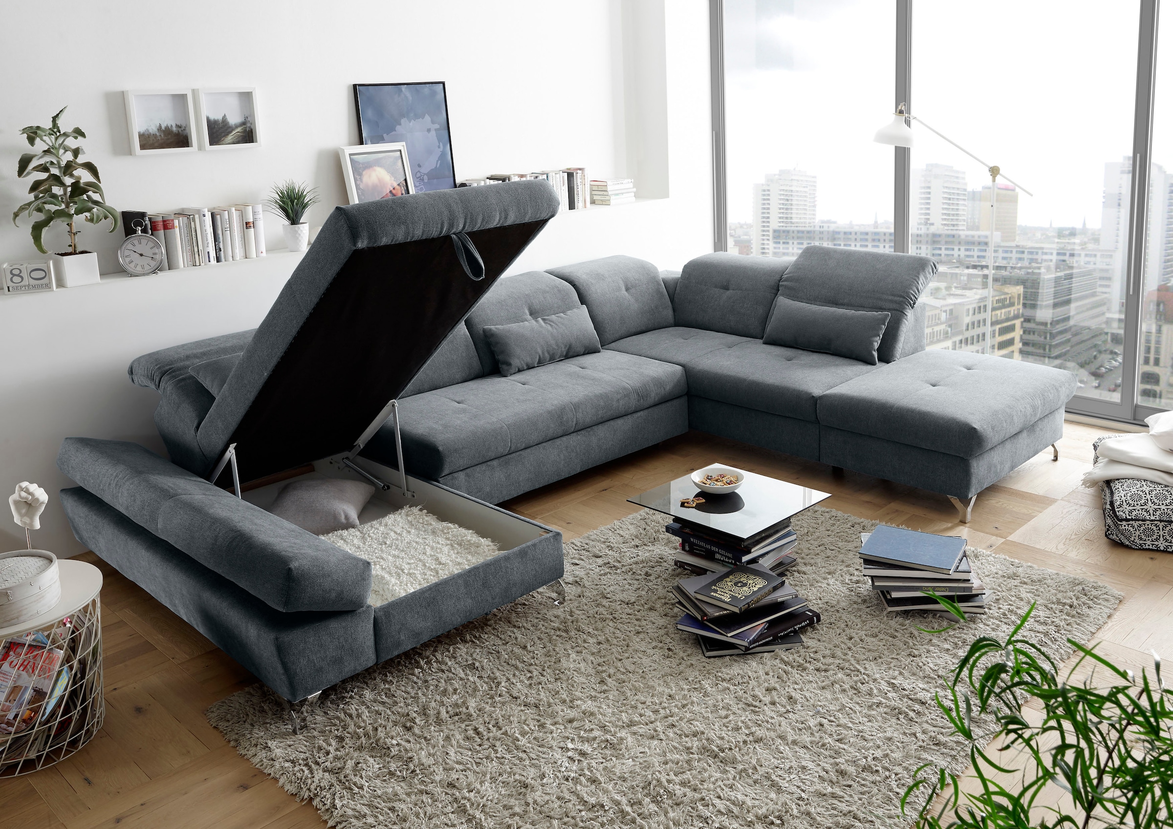 ED EXCITING DESIGN Wohnlandschaft »Melfi U-Form mit Bettfunktion, Bettkasten«, Arm- & Kopfteilverstellung & 3 Nierenkissen
