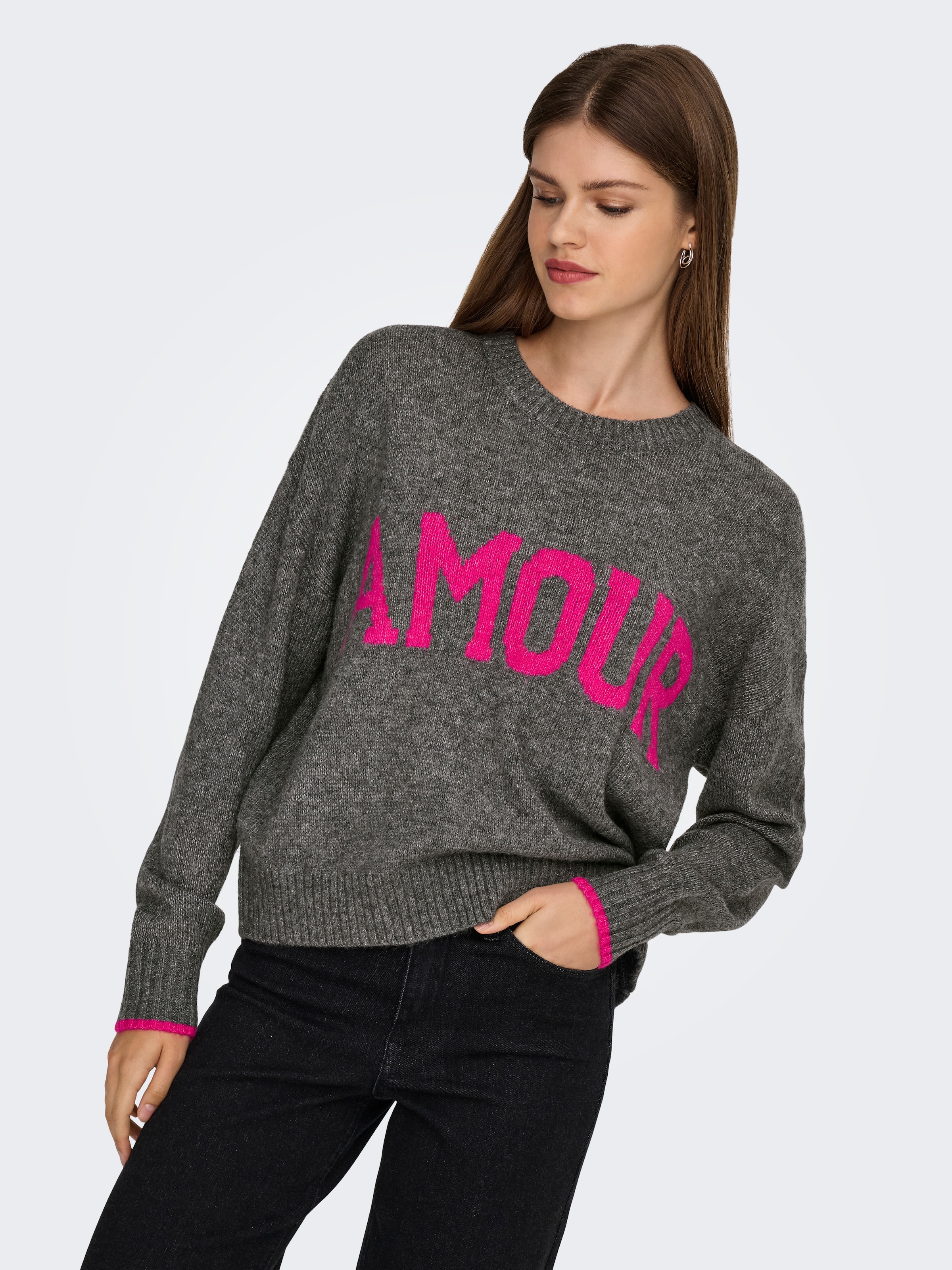 ONLY Rundhalspullover »ONLNEW AMOUR LS TEXT O-NECK CS KNT«