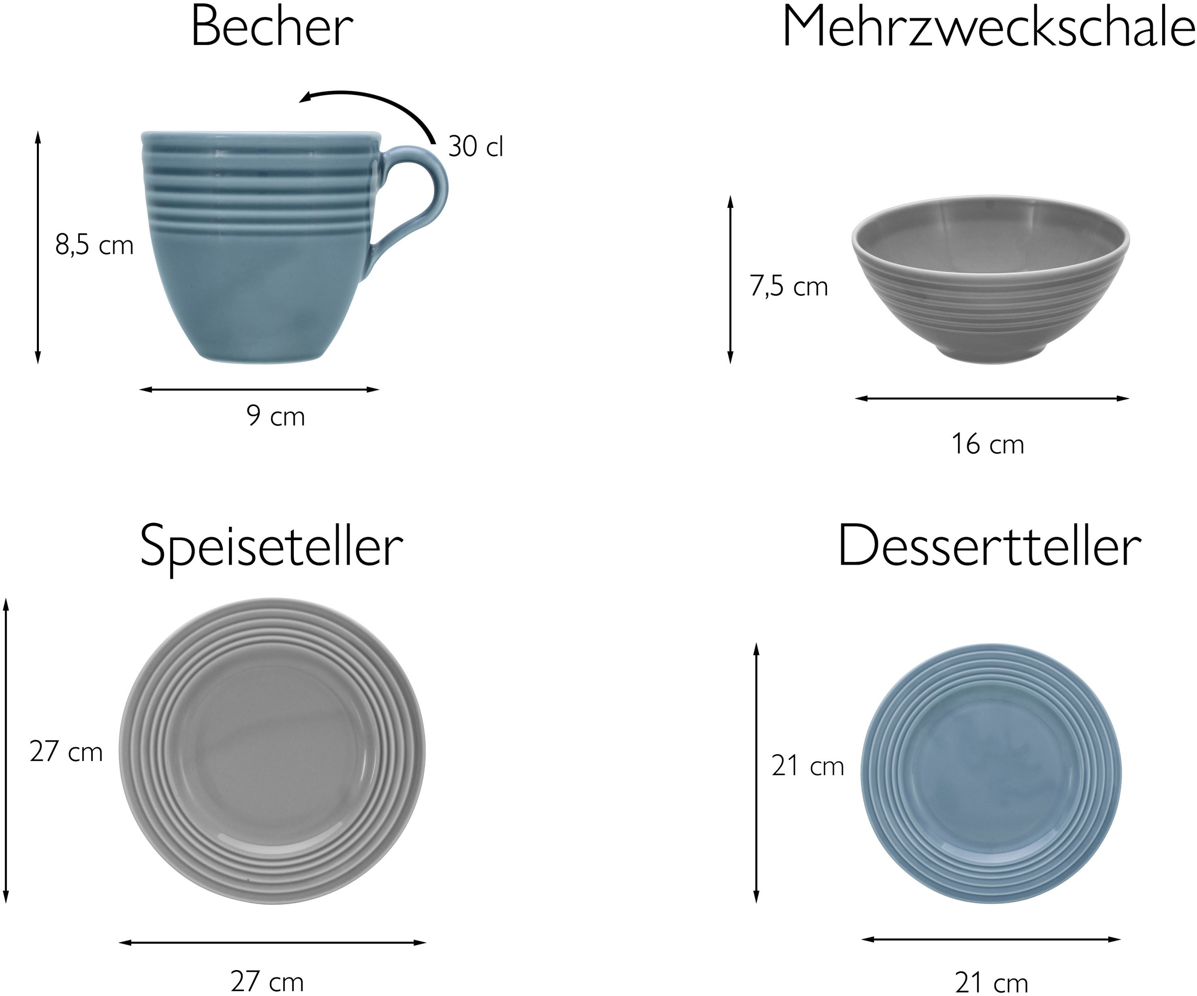 CreaTable Kombiservice »Geschirr-Set Stripes Colors«, (Set, 16 tlg., Kaffeeservice und Tafelservice im Set, für 4 Personen), Service, umlaufendes Rillenrelief, 16 Teile, für 4 Personen