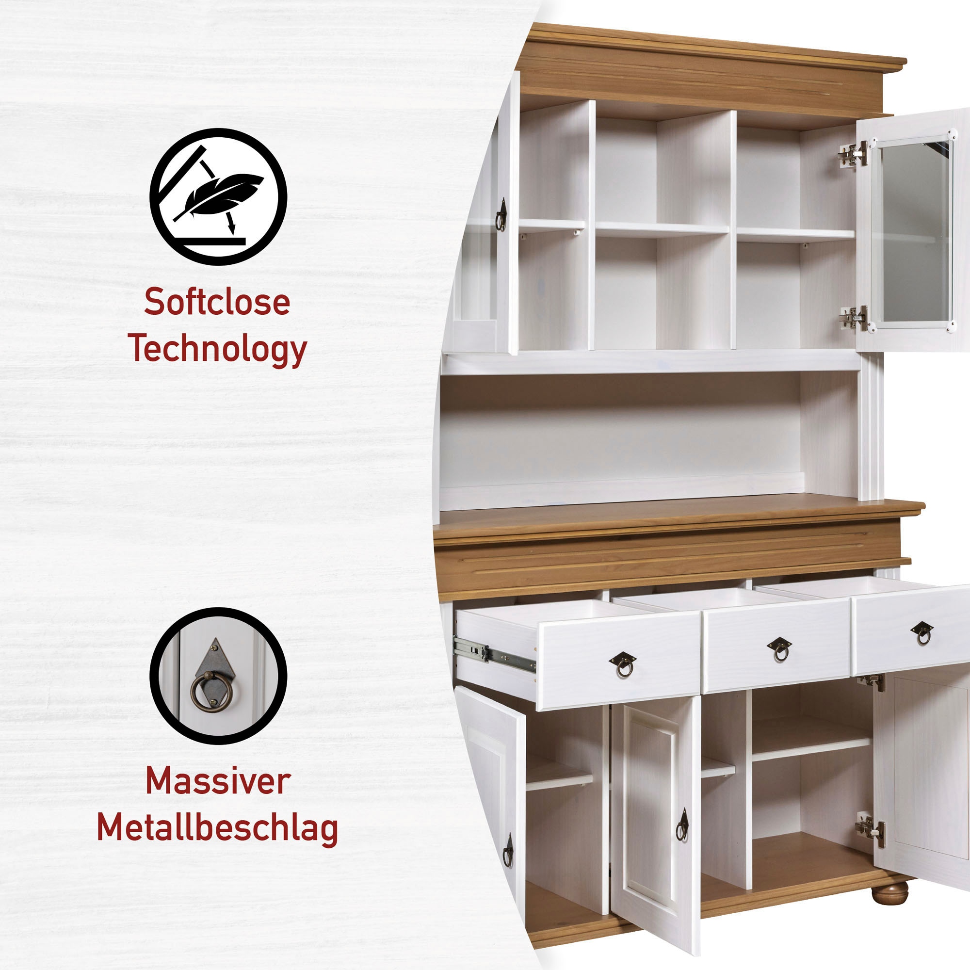 Inter Link Buffet »Halmaro, Kiefer Massivholz, Weiss/Grau-Lava, 141 x 46,30 x 213 cm« 1 Stk. tlg. Vitrine im Laudhausstil, Küchenschrank mit Glastüren, viel Stauraum