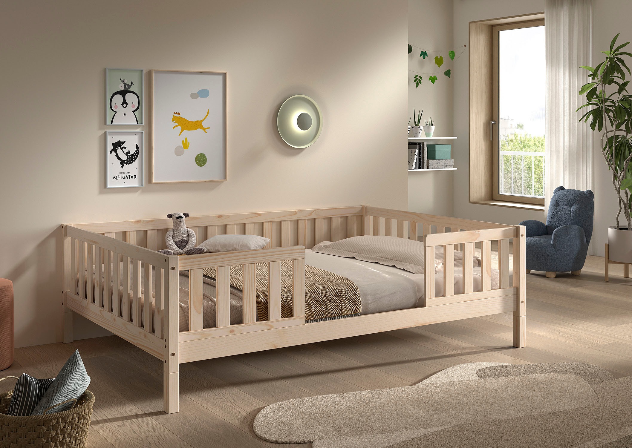 Vipack Kinderbett »Dallas, massiv Bett, Rausfallschutz, umbaubar vom Boden- zum Daybett« inkl. Rolllattenrost und Sprossenumrandung, 90 oder 140x200 cm breit,  stabil und standfest gebaut, wahlweise Kiefer massiv natur oder weiß