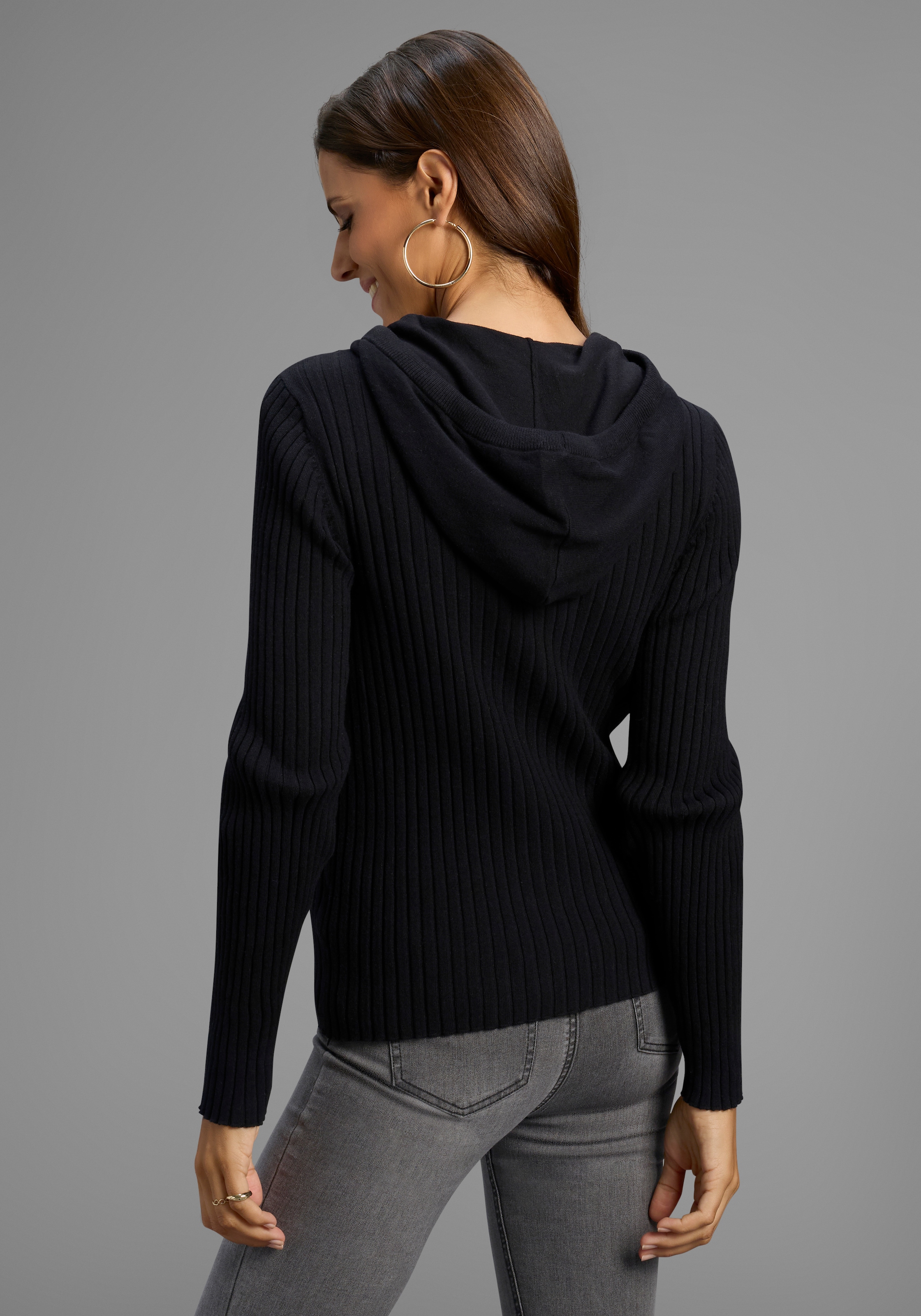 Laura Scott Kapuzenstrickjacke Feinstrick mit Rippe mit 2-Wege-Reißverschluss - NEUE KOLLEKTION