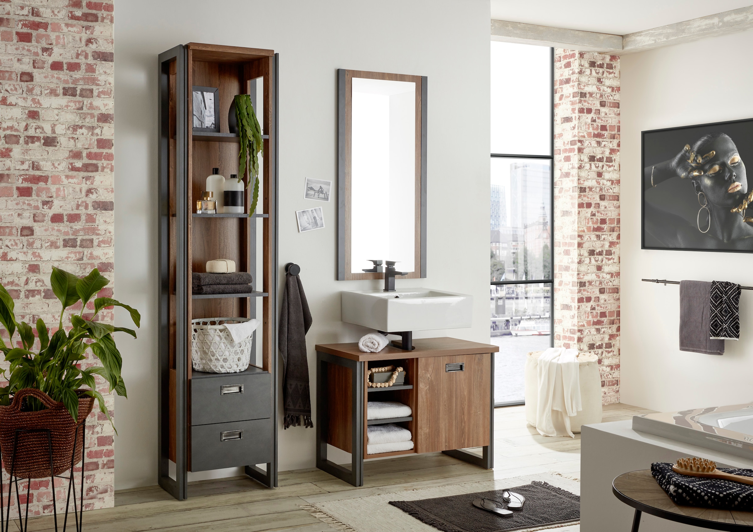 Home affaire Waschbeckenunterschrank »Detroit, Waschtisch mit Apothekergriff, Badschrank im Industrialdesign«, Eiche Dekor, mit offenen Fächern & Stauraum, Breite 81 cm