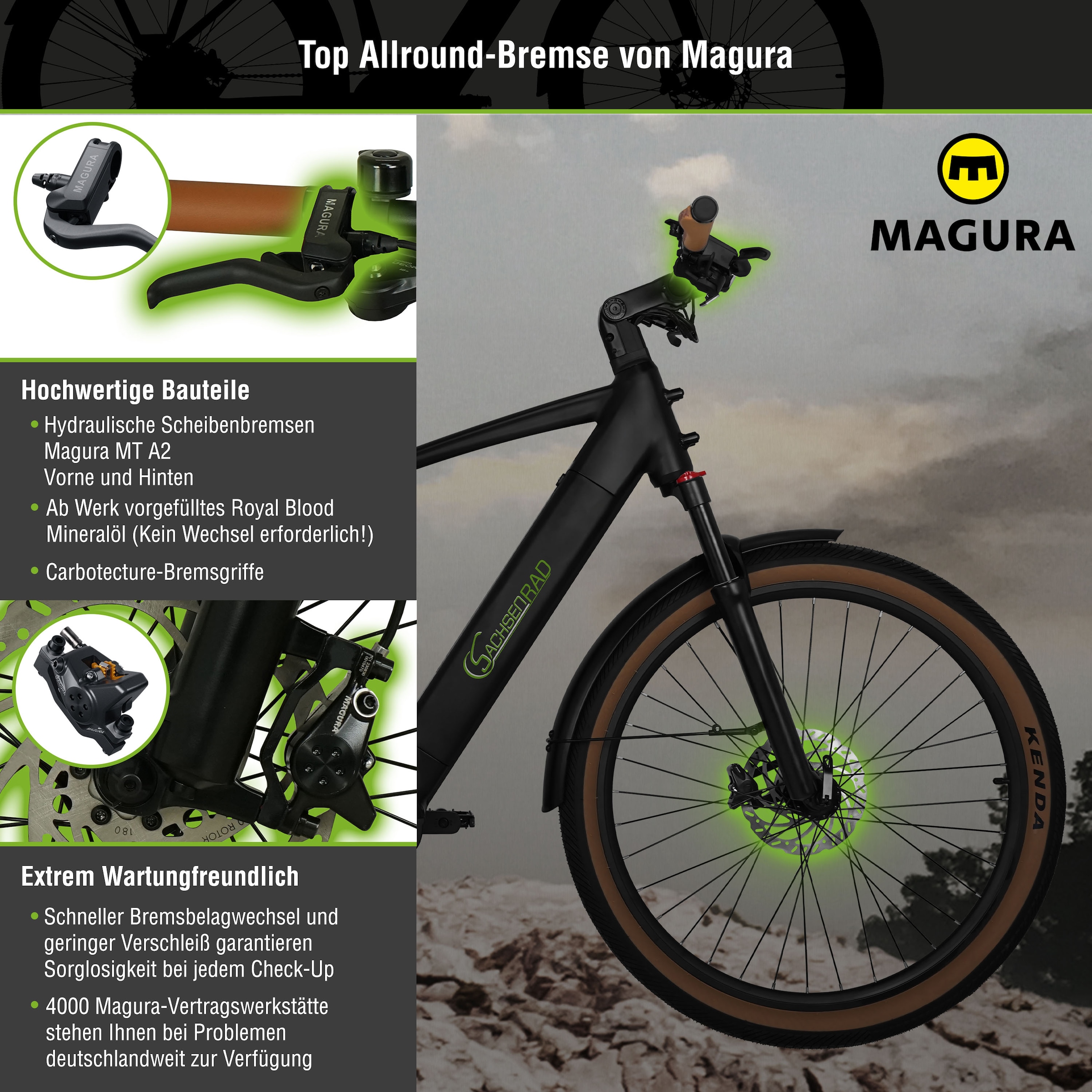 SachsenRad »S8« 10 Gang Magura Shimano Deore Schaltwerk Kettenschaltung Mittelmotor 250 W TFT Farb-LCD-Display, Fahrmodus Pedelec, 
LED-Frontlicht