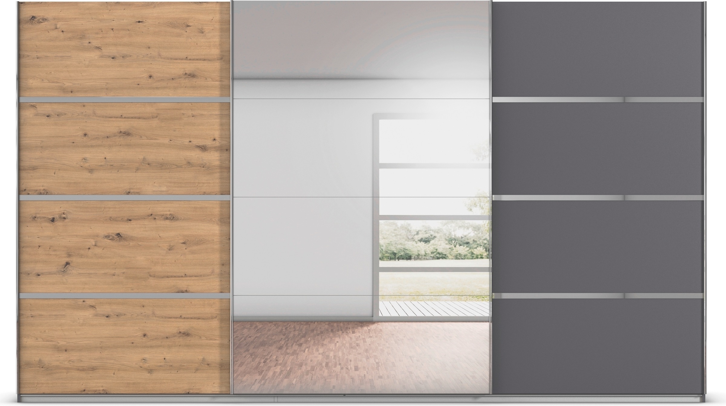 rauch Kleiderschrank »Schwebetürenschrank Garderobe Schrank TOP ANGEBOT Avola«, (in 3 verschiedenen Ausstattungen BASIC/CLASSIC/PREMIUM inkl. Spiegel), mit eleganten Zierleisten in Chrom, Schwarz oder Weiß MADE IN GERMANY
